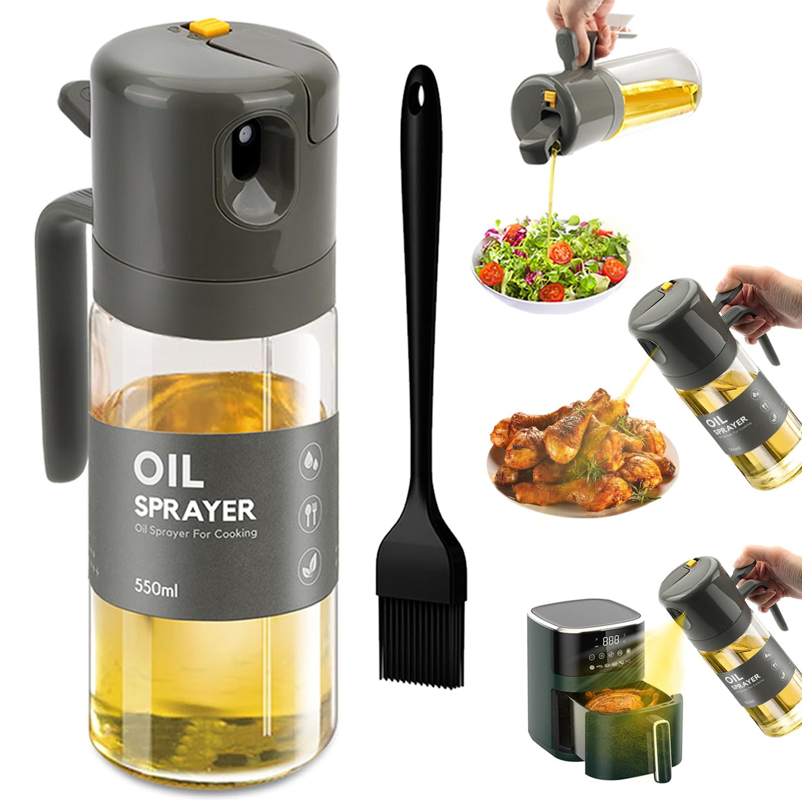 Fuwnvuwn Pulverizador Aceite Spray Freidora Aire 550ml, Spray Aceite Cocina Freidora Aire 2 in 1, Pulverizador de Aceite Cristal con un Brocha Cocina, Aceitera Spray Pulverizador para Cocinar (Gris)