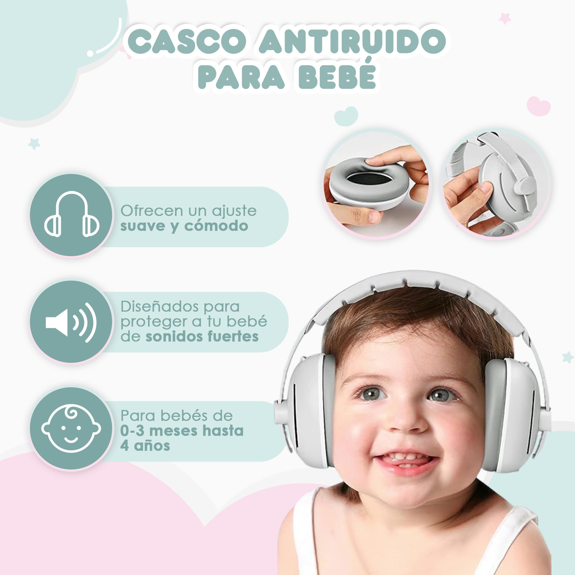Cascos Antiruido para Bebé - 25dB - 6 Meses a 48 Meses - 2 Diademas - Insonorización para Recién Nacido y Avión