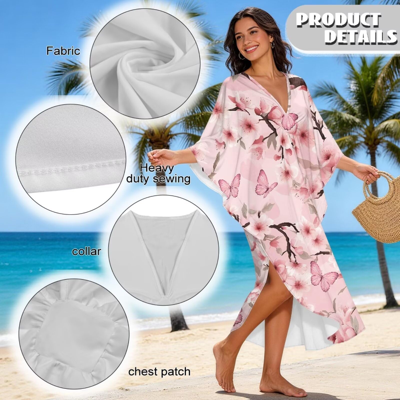 Poceacles Damska sukienka kaftan plus size strój kąpielowy okrycie kąpielowe rękaw nietoperz letnia długa kawiarniana plażowa okrycie maxi sukienka
