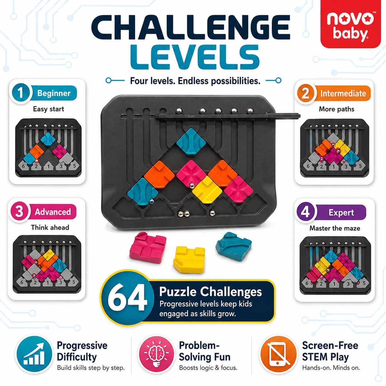 Novo Baby Marble Logic Puzzle Game for Kids 8+ Years | STEM Brain Teaser Circuit Challenge with 64 Challenge Cards & 24 Pieces | IQ Thinking Game, Educational Toy, Single Player Board Game 2