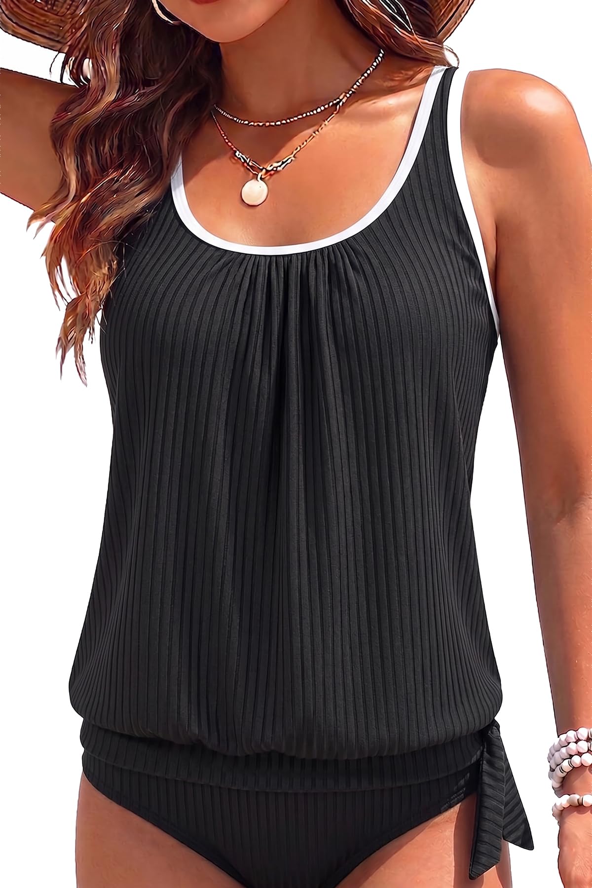 Yonique Womens Blouson Tankini Swim Top Loose Fit Strappy Bathing Suit