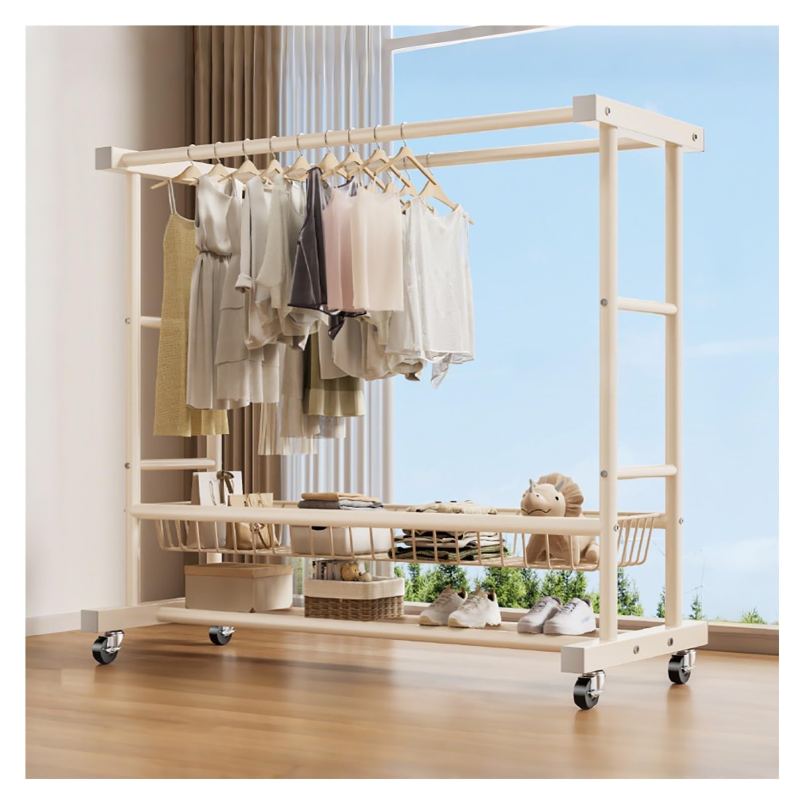 Lshtshf-ou Heavy Duty Clothes Rack With Wheels Double Rods Clothing Racks Portable Garment Freestanding Wardrobe Storage(White,120cm/47.2in)