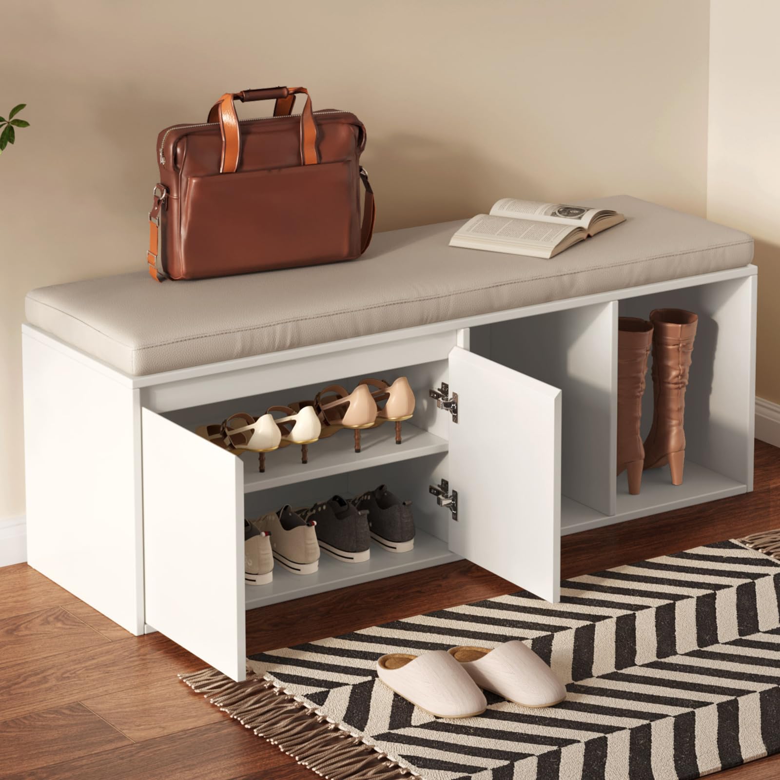 Miuuod Schuhbank mit Stauraum, Schuhbank mit Schiebetüren, Schuhwechseltisch mit gepolstertem Sitz für Schlafzimmer, Eingangsbereich und Flur