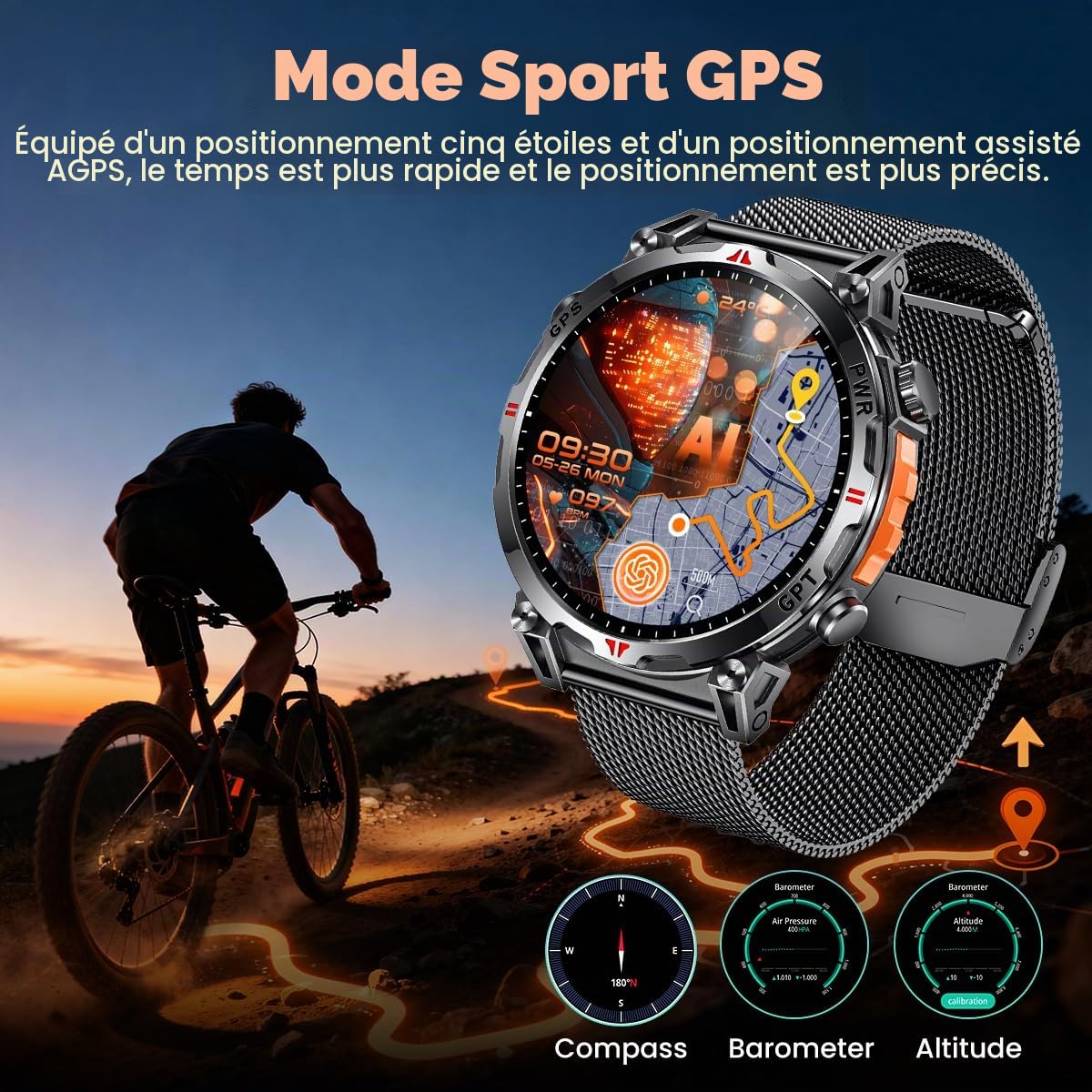 Montre Connectée Homme GPS Smartwatch - Boussole Assistant GPT AI Baromètre Altimètre Appel Bluetooth Cadran AI 650mAh Batterie 3ATM Étanche 1.70" AMOELD 120+ Modes Sportifs Santé pour Android iOS