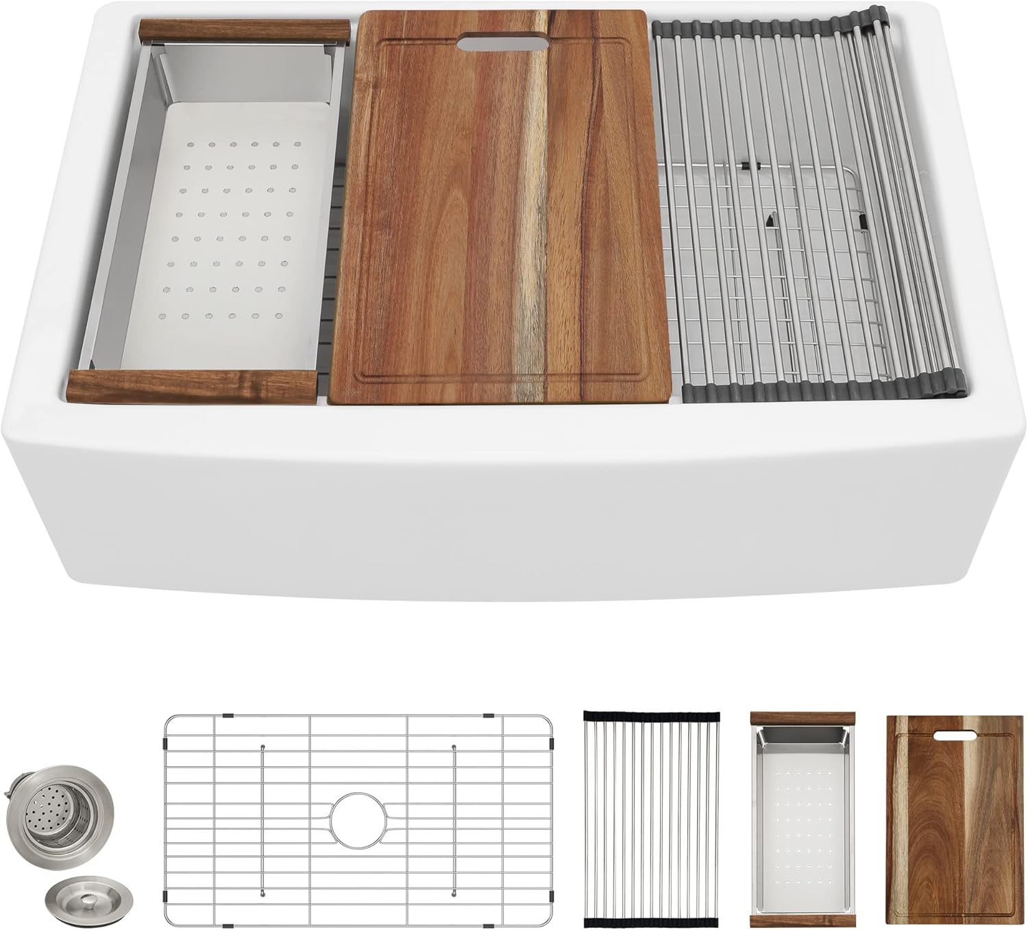 33 Inch White Farmhouse Sink Workstation – Curved Apron Farm house Front, High-Gloss Fireclay Porcelain Ceramic Farm Kitchen Sink, Single Bowl Country Style Farmer Style Basin, 33"x21"x10"