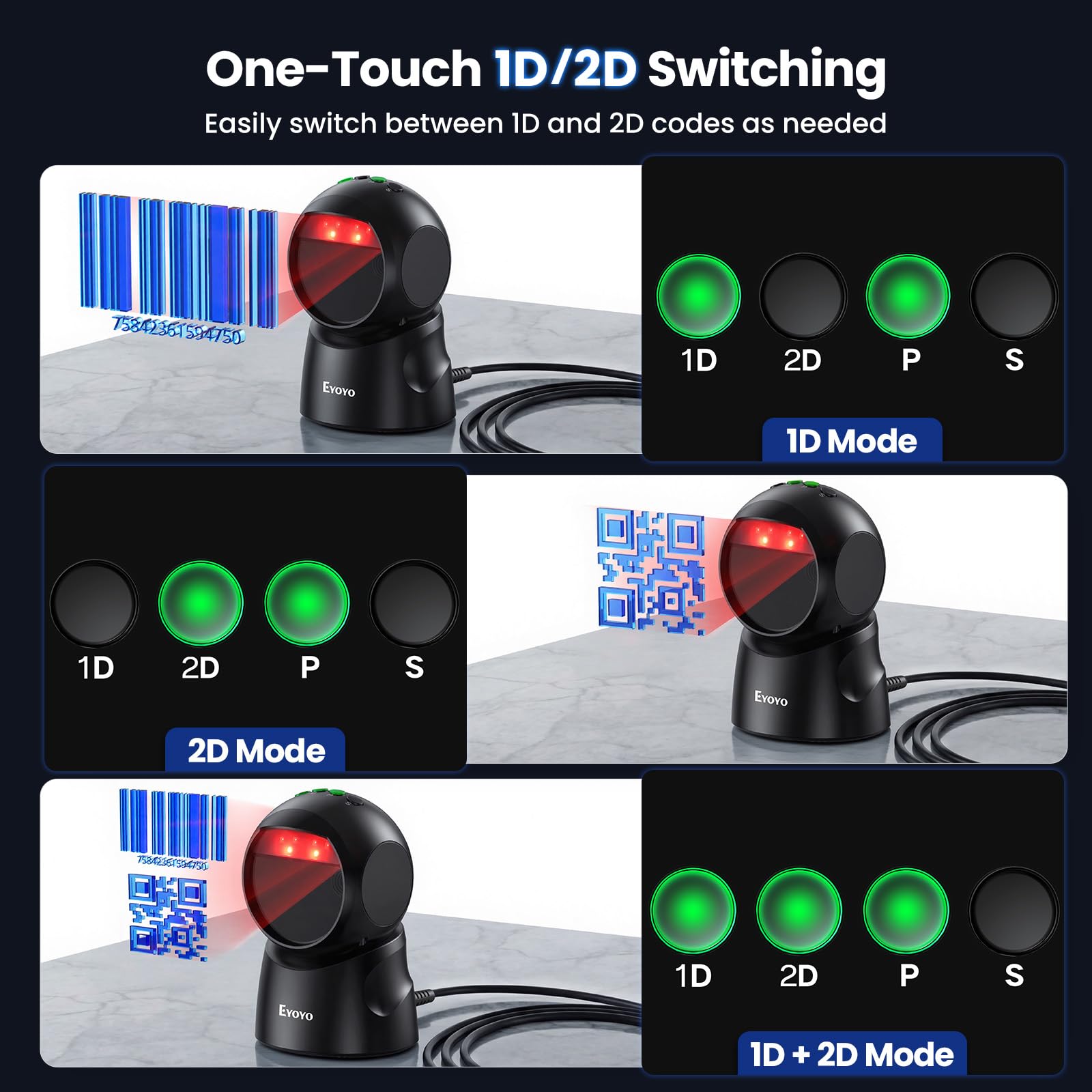 Eyoyo, lettore di codici a barre automatico omnidirezionale lettore di codici a barre 2D QR, scansione cablata per PC, punto vendita, biblioteca, libreria, minori