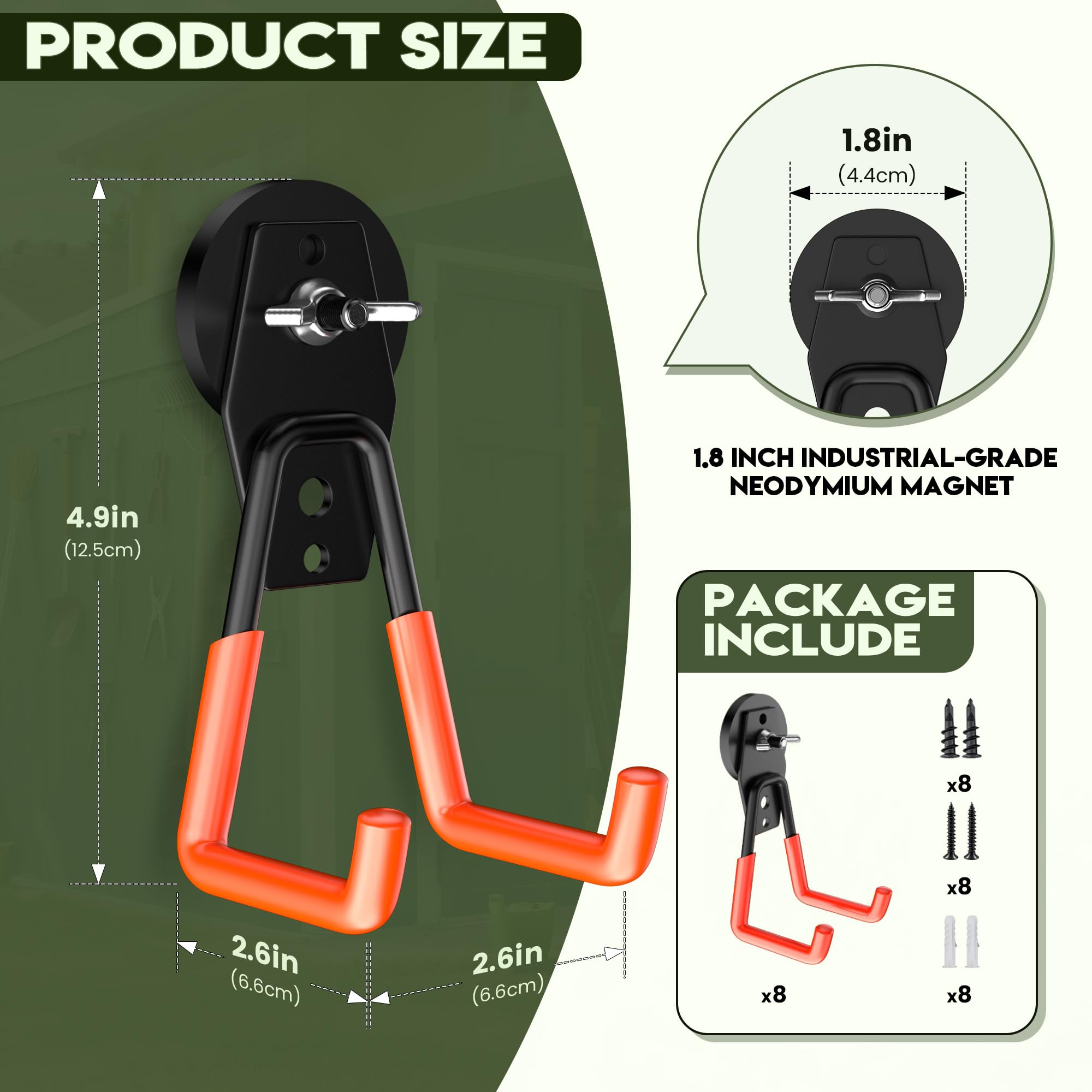 Robuste Magnethaken, große magnetische Aufbewahrungshaken, Aufbewahrungshaken mit Anti-Rutsch-Beschichtung, Neodym-Magnethaken in Industriequalität für Garage (8 Stück, Orange)