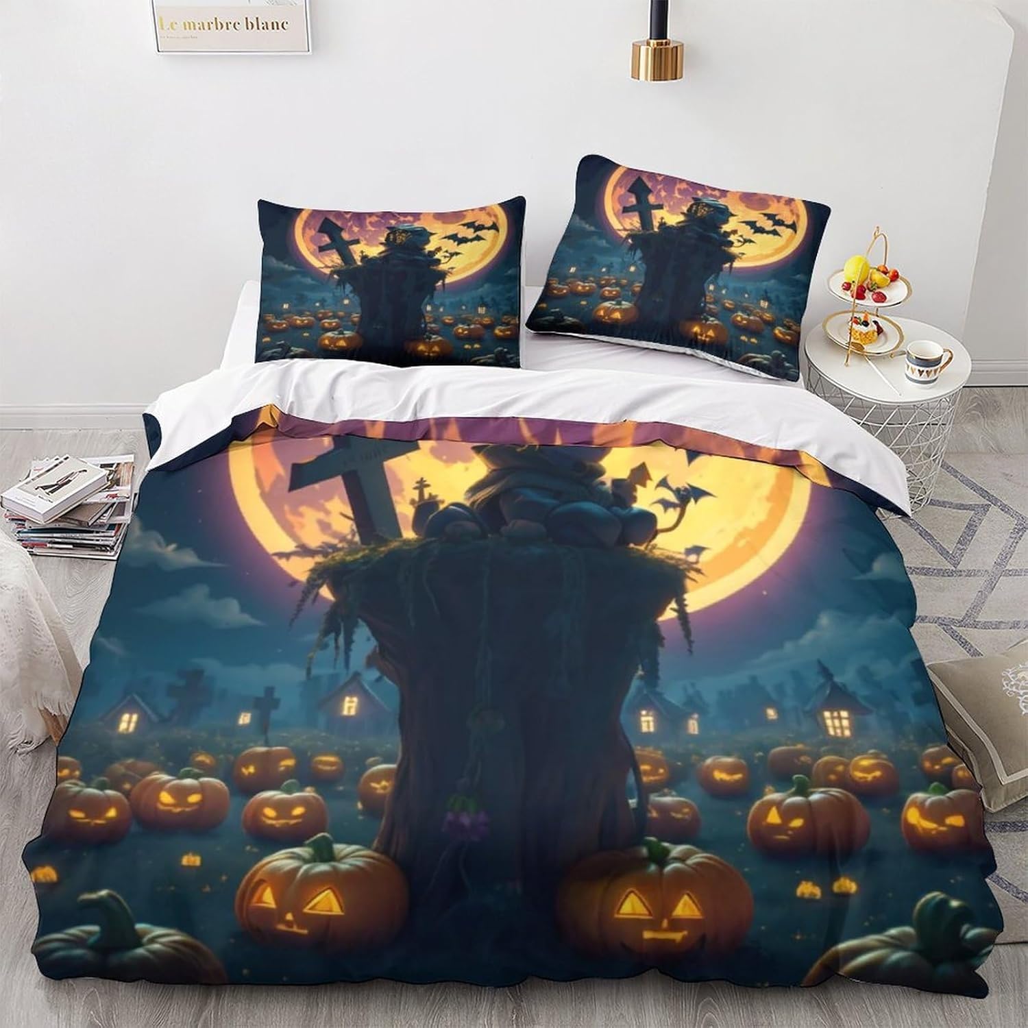 Parure de lit citrouille d'halloween 220x240 anti-glisse avec zips et microfibre douce