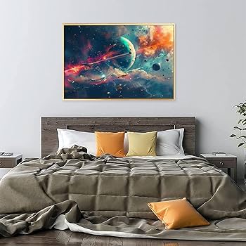 韓国画家　宇宙テーマの油彩画 金色フレーム付き Amazon.co.jp: 絵画 宇宙惑星アート絵画インテリア 絵画 太陽系