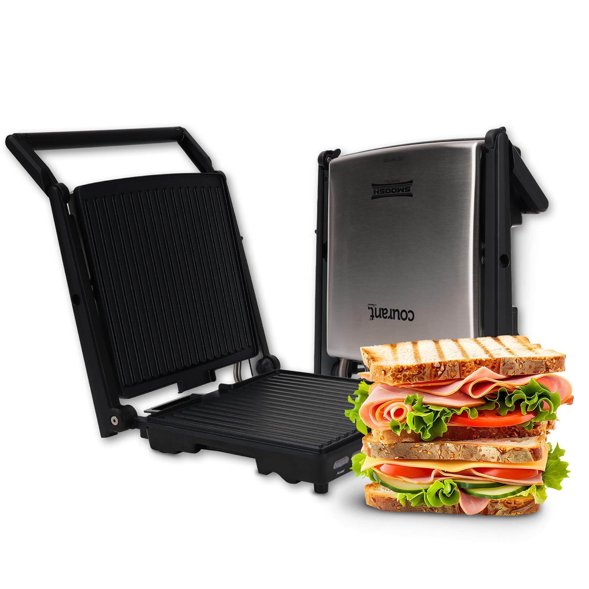 Panini Press Gourmet Sandwichera, diseño súper delgado con mango plegable, parrilla de 4 porciones con placas antiadherentes, se abre 180° para parrilla de mesa, acero inoxidable 1400 vatios 7
