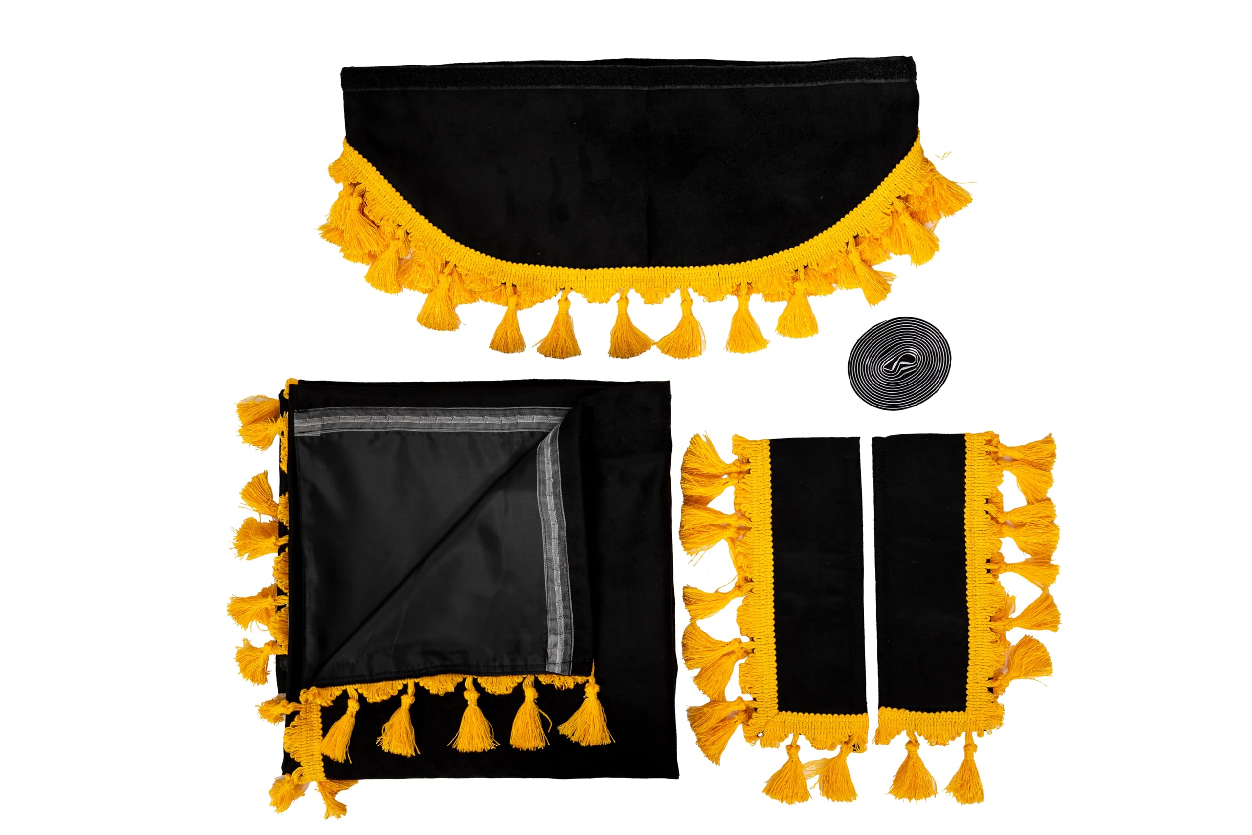 LKW Vorhänge passend für Volvo FH / FH4 / FH5 – 7-teiliges Gardinen-Set Schwarz-Gelb mit 6 cm Quasten, Borde & Haken – Truck Kabine Innenraum Deko & Sicht-/Sonnenschutz