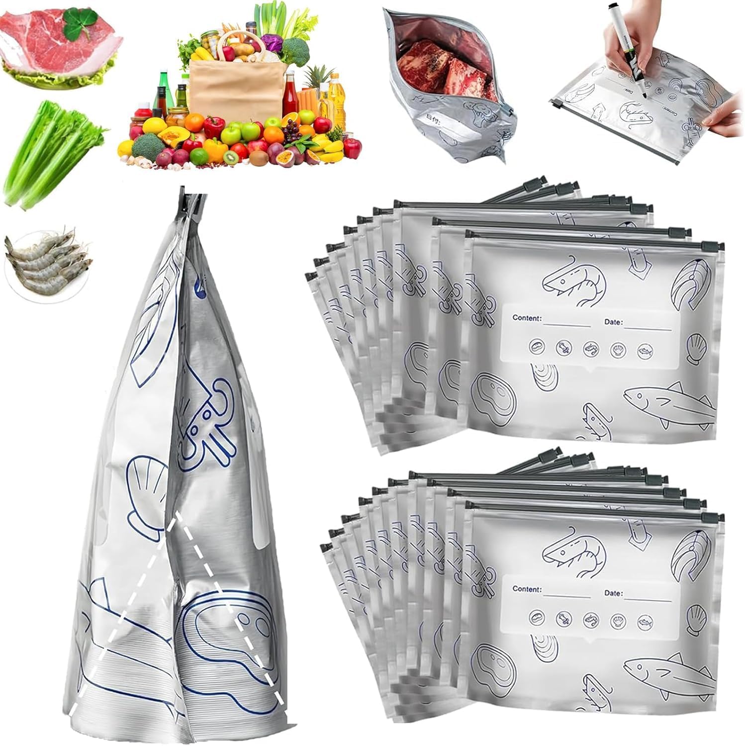 LISHER Reusable Aluminum Foil Sealable Storage Bags Label and Zip Lock,Food Storage Vegetable Fruit Meat Biryani Food Kitchen Food Storage & Freezing, Stand-Up Bottom Silver Foil Pouches 10pcs-image-45