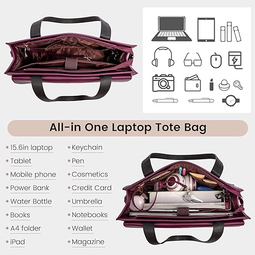 Miniatura 3 de LOVEVOOK Bolsa para laptop para mujeres de 15.6 pulgadas, bolso tipo tote de trabajo profesional, maletín de computadora de cuero impermeable, bolso