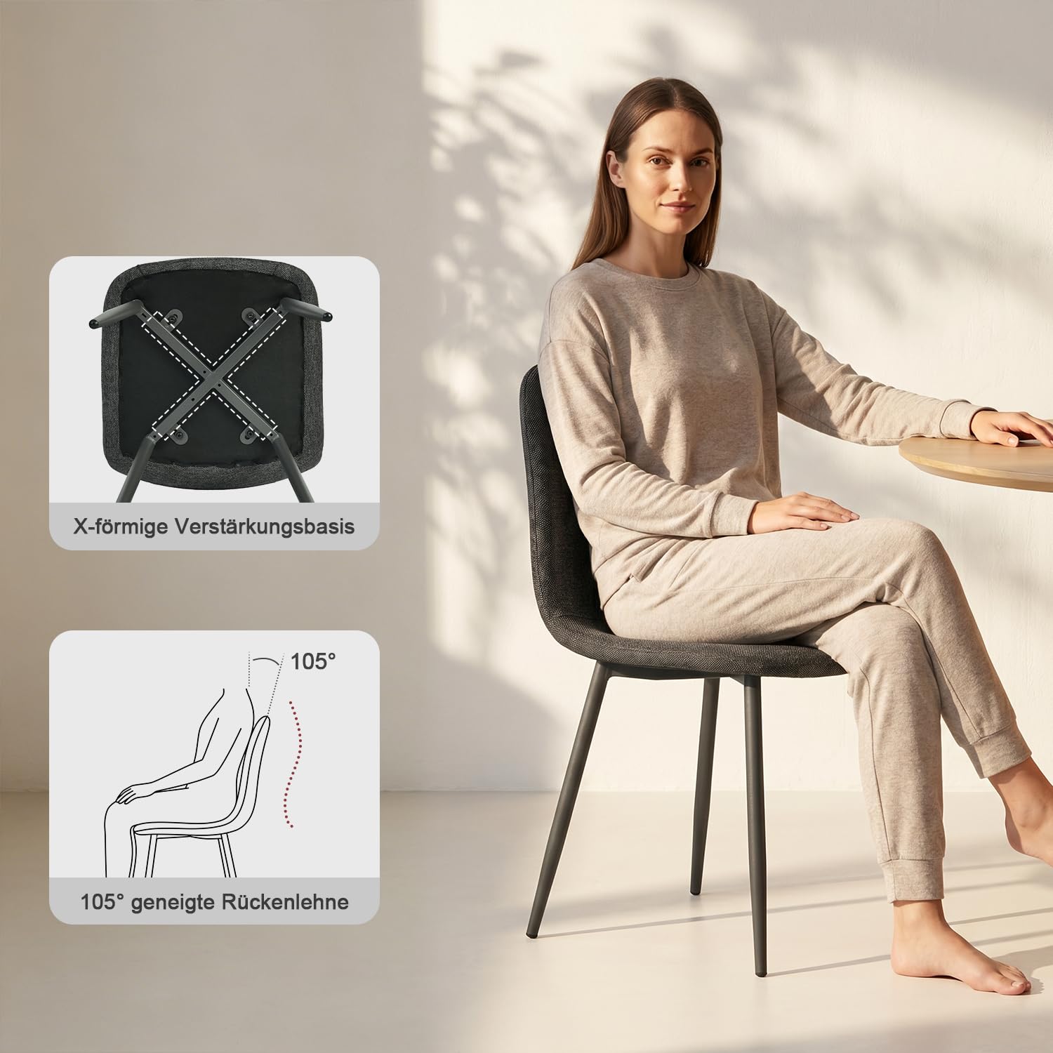 MEUBLE Cosy Esszimmerstühle 4er Set Küchenstuhl Polsterstuhl Wohnzimmerstuhl Skandinavisch mit Rückenlehne, Sitzfläche aus Stoff, Metallbeine, Grau