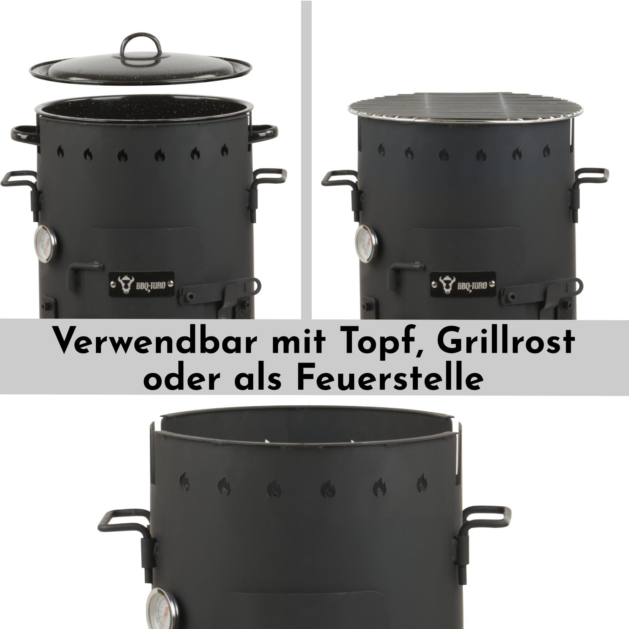BBQ-Toro Piec jednogarnkowy do użytku na zewnątrz, Ø 29 cm, z garnkiem, rusztem do grillowania i chochlą do zupy, kociołek na gulasz, kociołek na ogień, piec outdoorowy, palenisko, kuchnia na zewnątrz