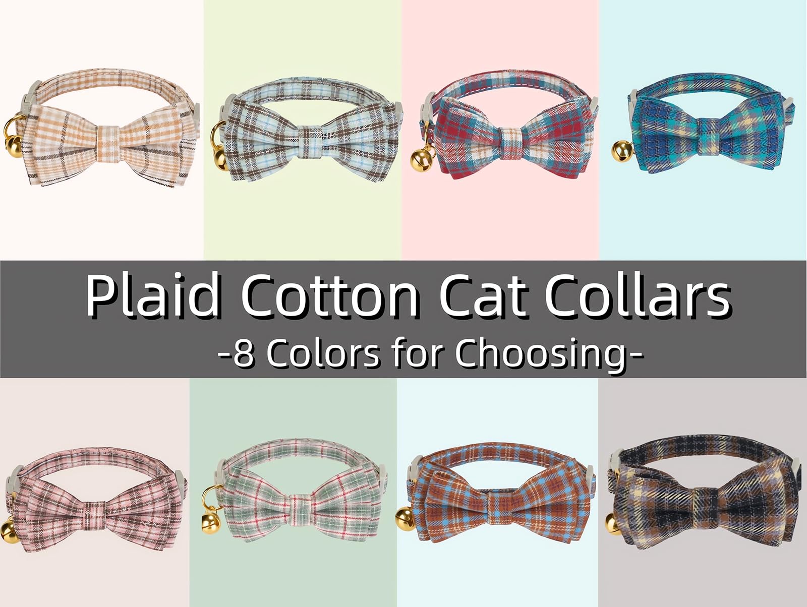 Lot de 2 colliers en coton doux pour chat avec nœud papillon et clochette - Motif écossais (beige et ambre)