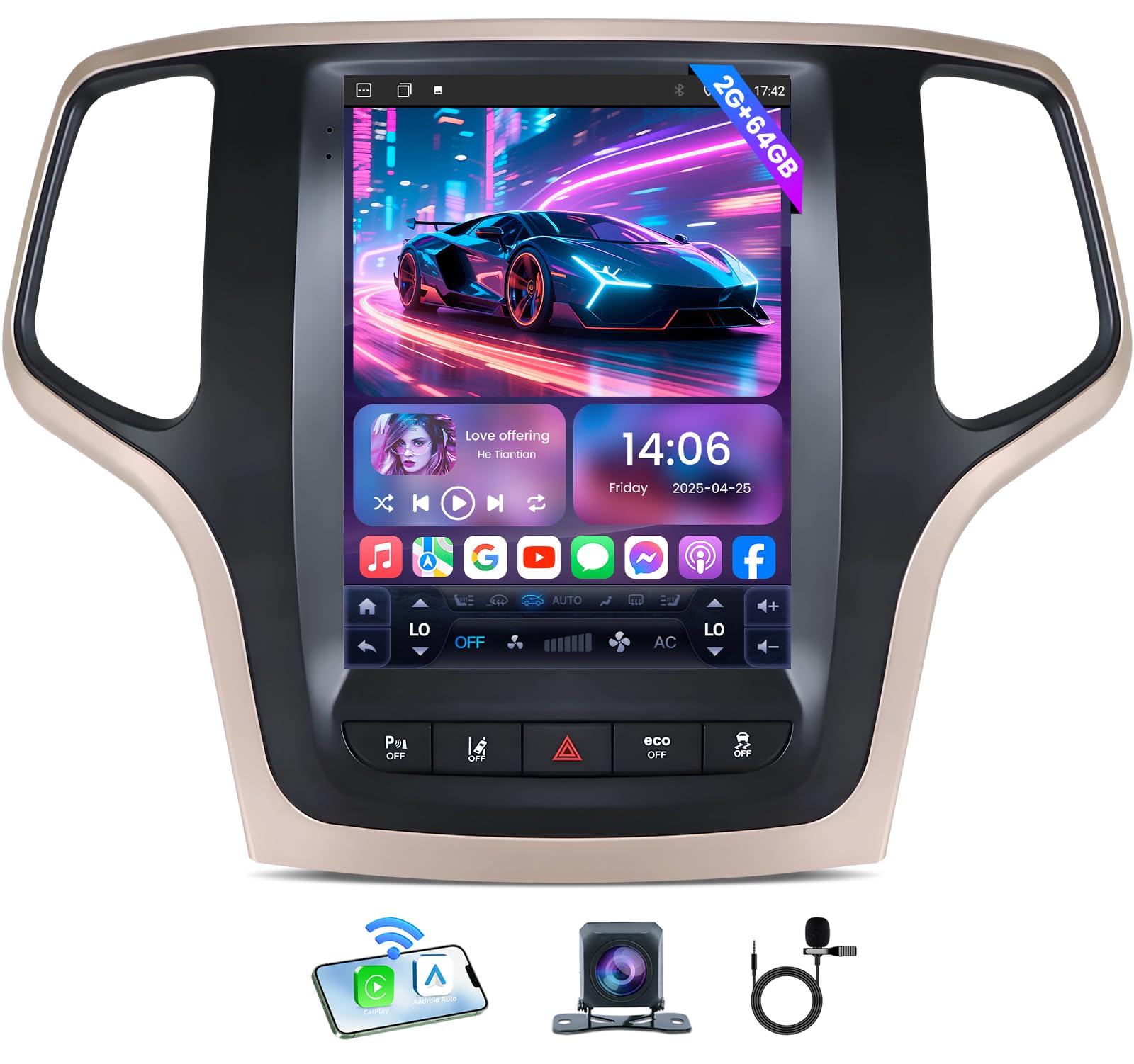 [4Core+64G] Car Radio for Jeep Grand Cherokee WK 2014 2015 2016 2017: 10.1" Tesla Style Touch Screen Stereo Replacement with Carplay Android Auto 5GWiFi BT5.0 Navigation &amp; 1080P Backup Camera SWC