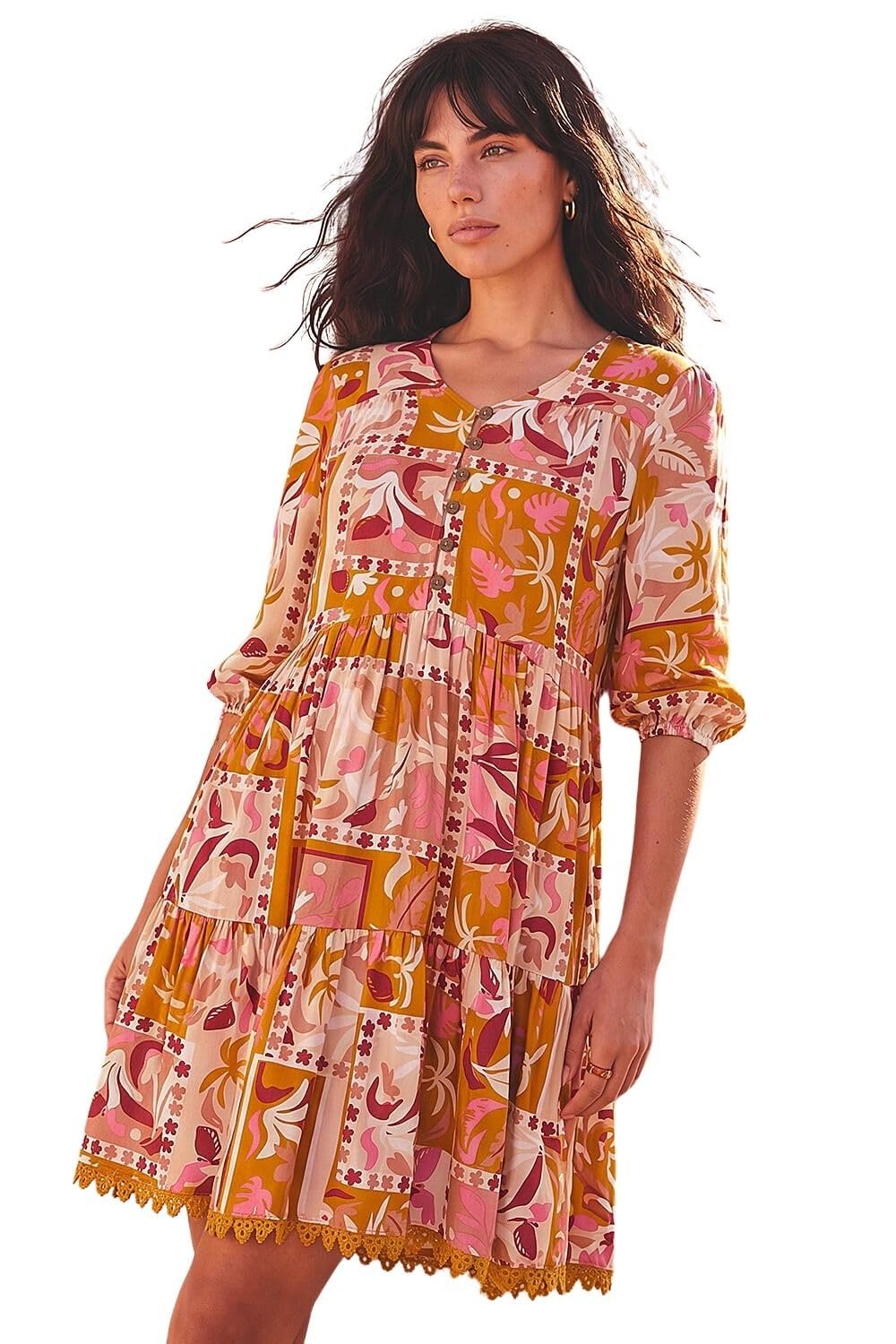 Roman Women's Patchwork Smock V-Neck Dress in Amber | Size: 16