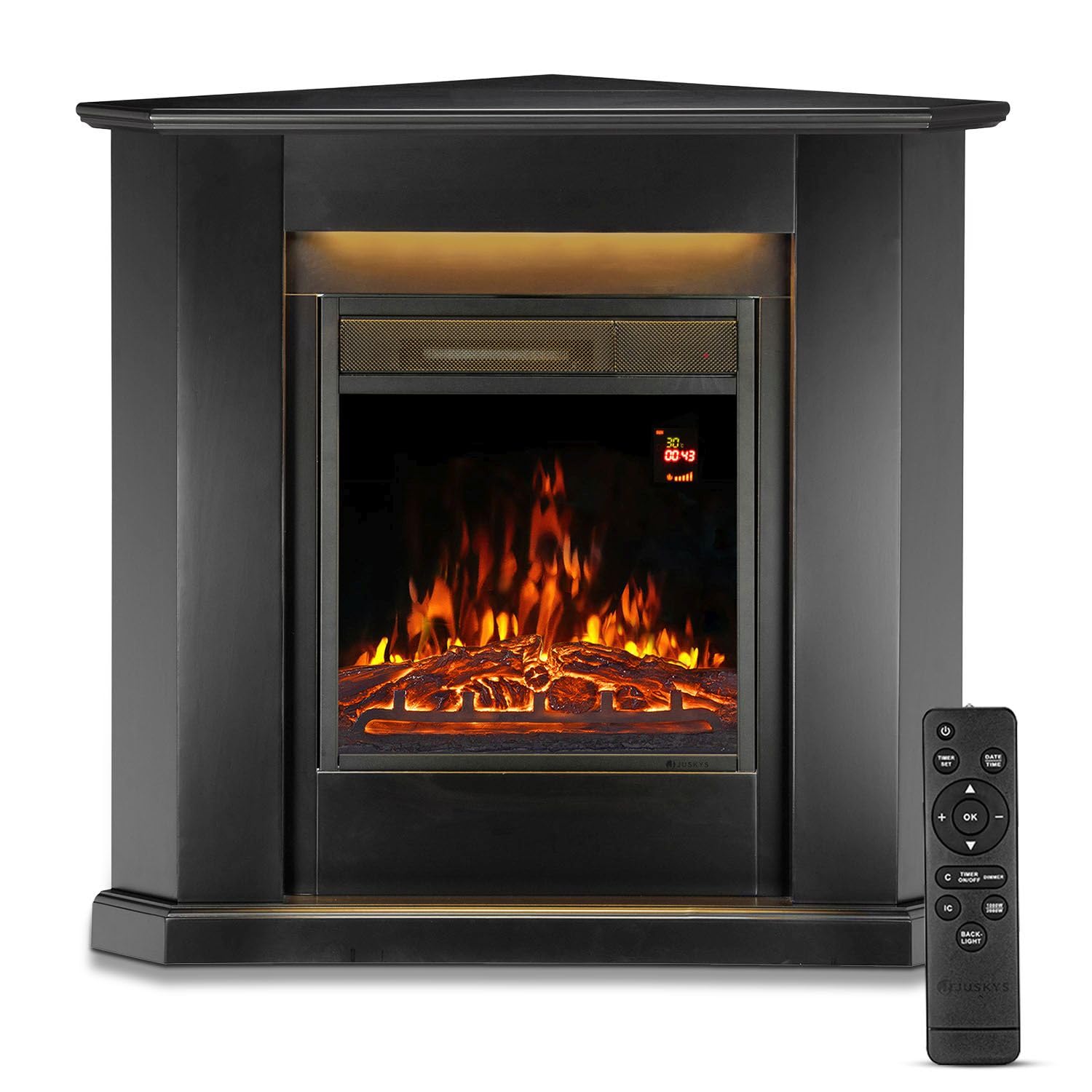 Juskys Chimenea Eléctrica 1000/2000W con Calefacción, Chimenea, Efecto Llama, Mando A Distancia, Iluminación Led Y Temporizador - Chimenea Eléctrica De Rincón (Negro)(96X57X94Cm)