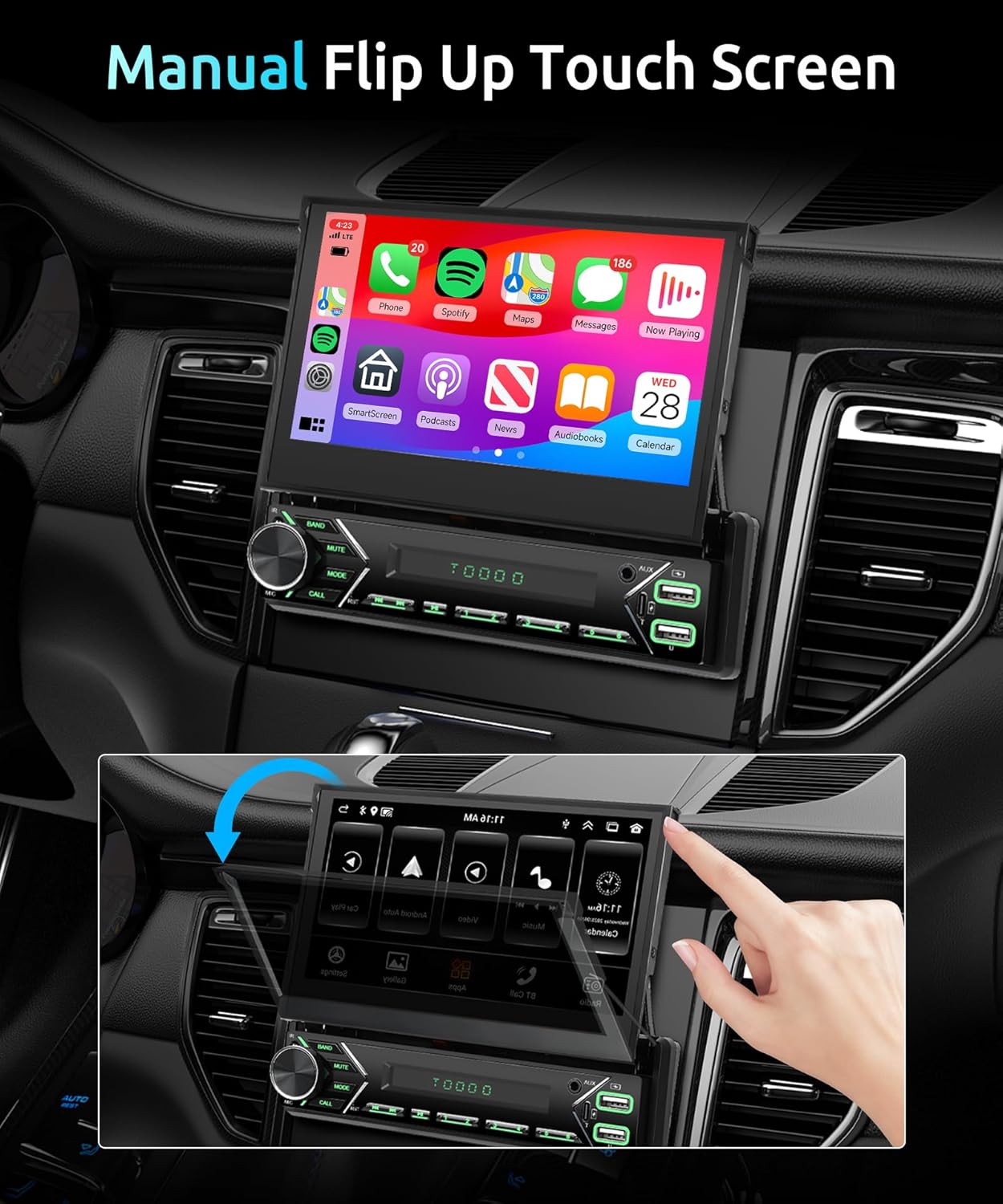 Android 13 2G 64G Single Din Car Stereo with Wireless Carplay Android Auto (Manual) 7 Inch Flip Out Touchscreen Car Radio 5.0 Bluetooth MirrorLink Backup Camera/USB/AUX Type-C/RDS/FM/WiFi/EQ