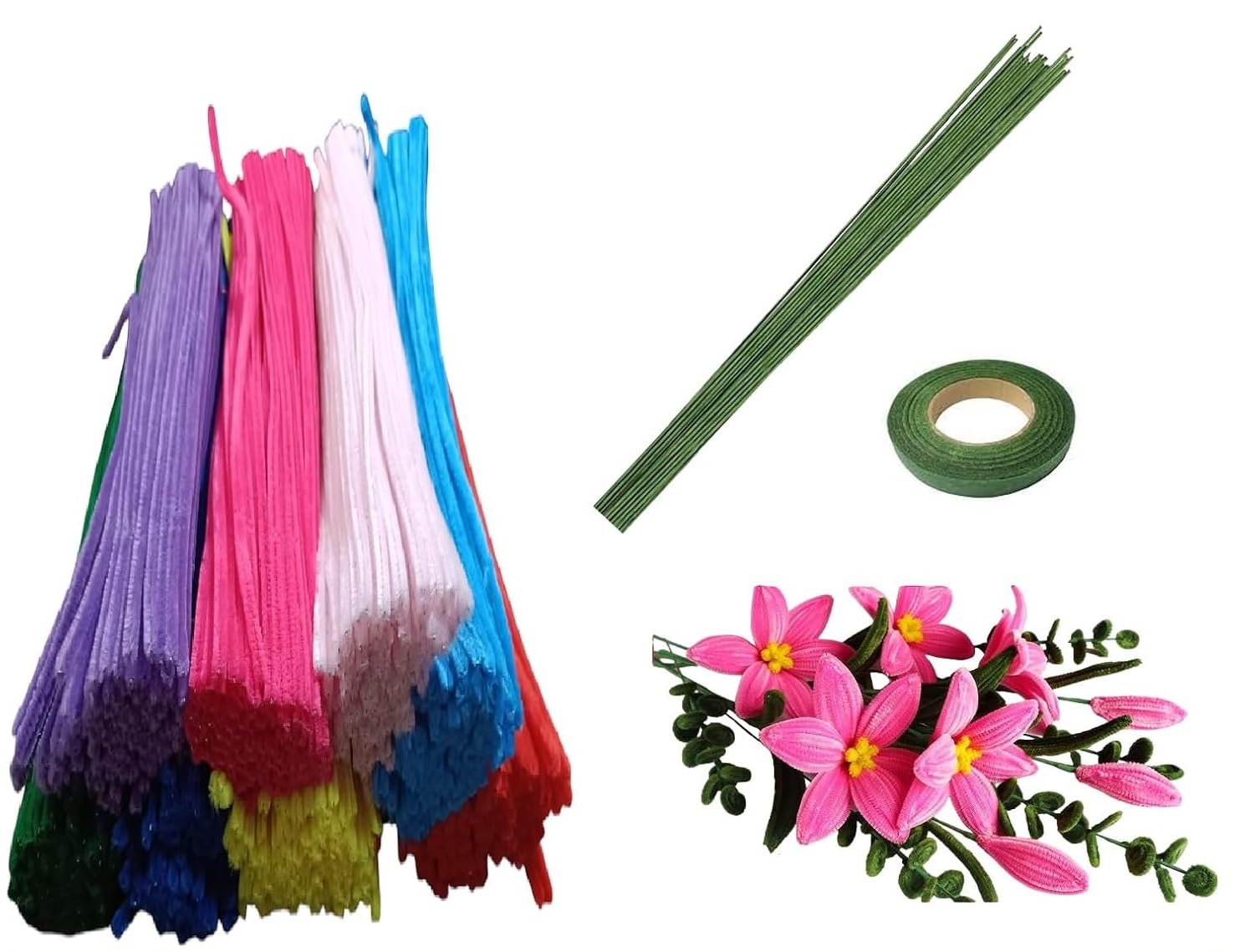 Pandeji 251pc Pipe Cleaners Flower Making Kit, Arts and Craft Supplies, Pipe Cleaners Chenille Stem with Green Wire & Floral Tape (200Pc-8Colors-25pc Each)