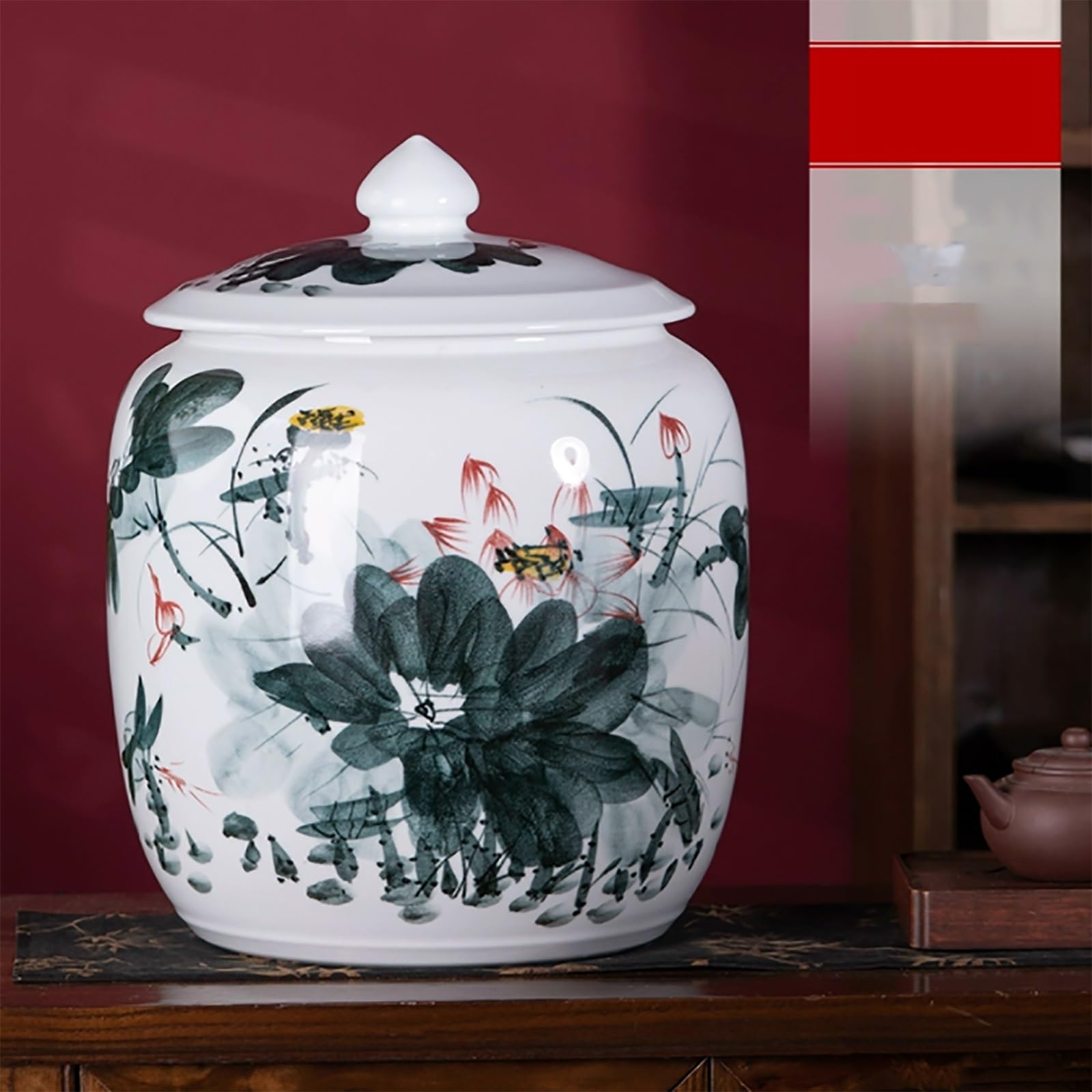 MESCXTY Chinese Retro Ceramic Rice Canister, 55lb/25kg, B, Food Storage Container, Rice, Tea, Easy Grain Dispensing, Round, Flip Top, Hand Wash Only