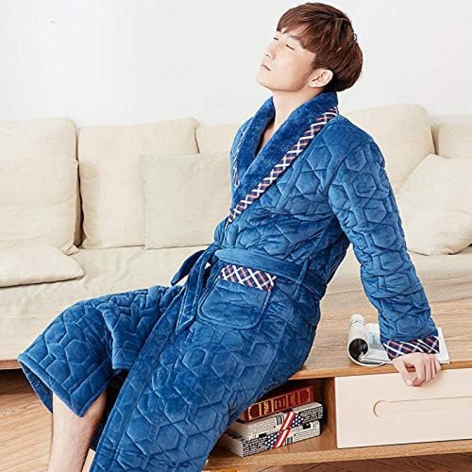Winter Bademantel Korallen Fleece Männer Bad Robe Männer Bademantel Männer Flanell Stepp Pyjama Dicke Lange Robe Dusche Homewear,A,L