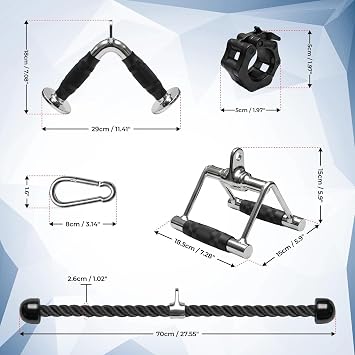 Heavy-Duty Cable Machine Attachments, LAT Pulldown Kit with V-Bar, Tricep Rope, Double D Handle, Barbell Collar, 360 Swivel Hooks, Alloy Steel Home Gym Full Body Workout