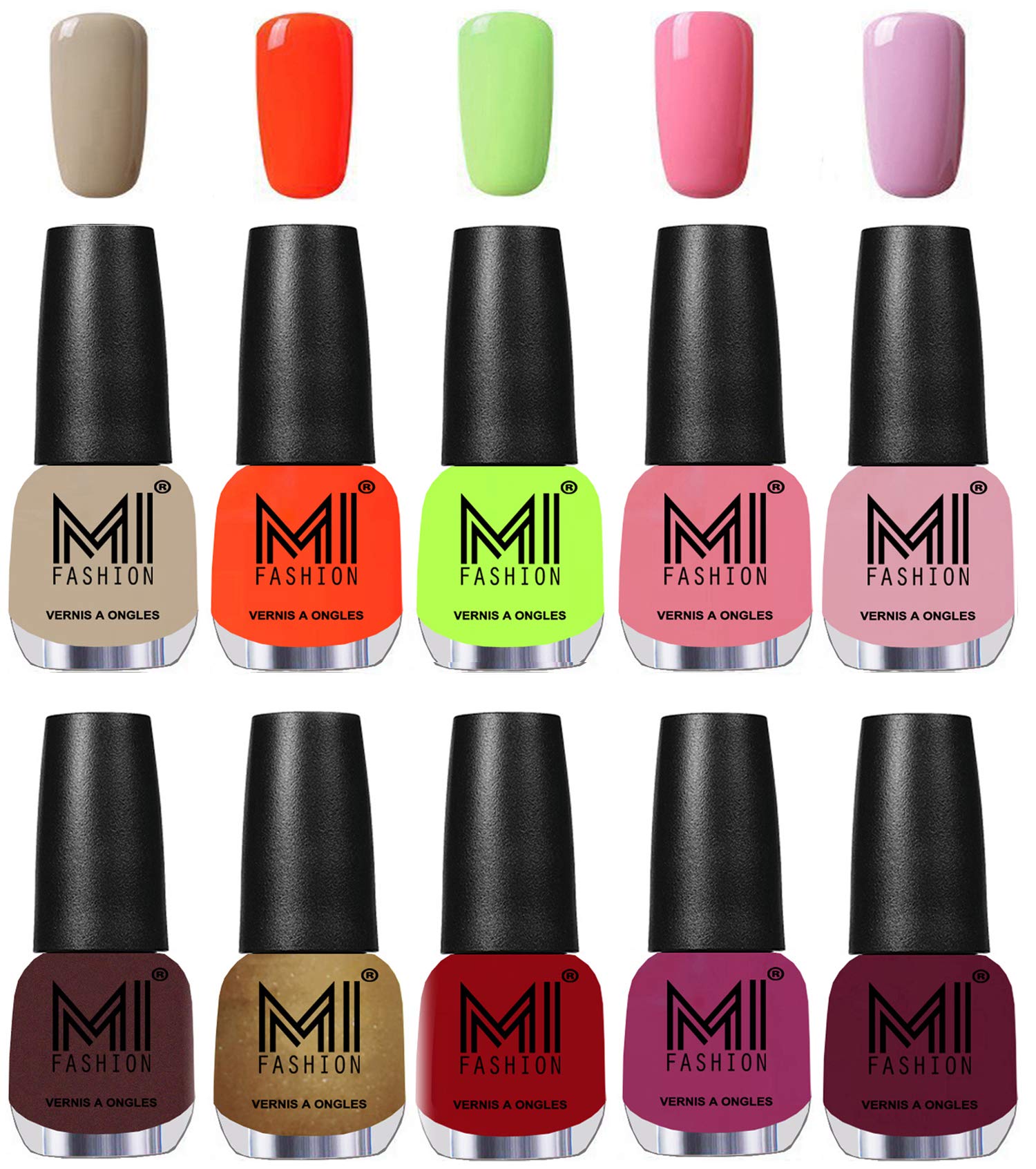 MI Fashion Bold and Beautiful Combo of 10 Nail Polish-Shimmer Coffee,Delightfully Golden,Daring Red,Pucker Up Plum,Wonder Wine,Nude Beigh,Candy Coral,Lime Green,Doll Pink,Light Lilac Nail Polish-image-36