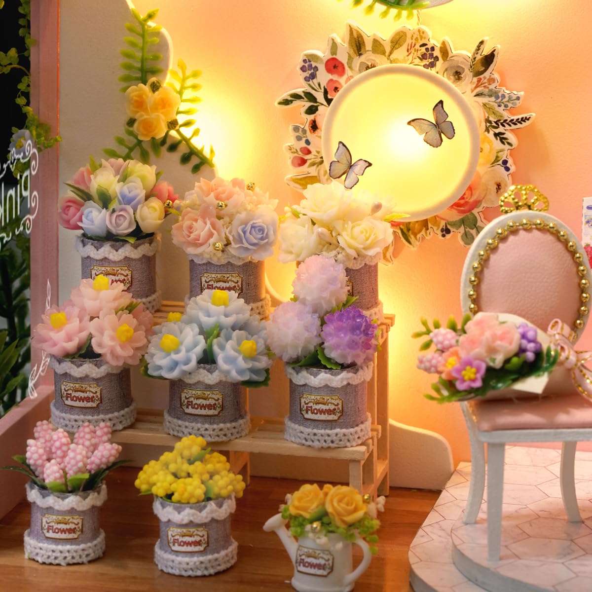 CUTEROOM DIY Zestaw do budowy domku dla lalek z drewna – Kreatywny miniaturowy zestaw domków dla lalek dla dorosłych – Flower Pink World Design
