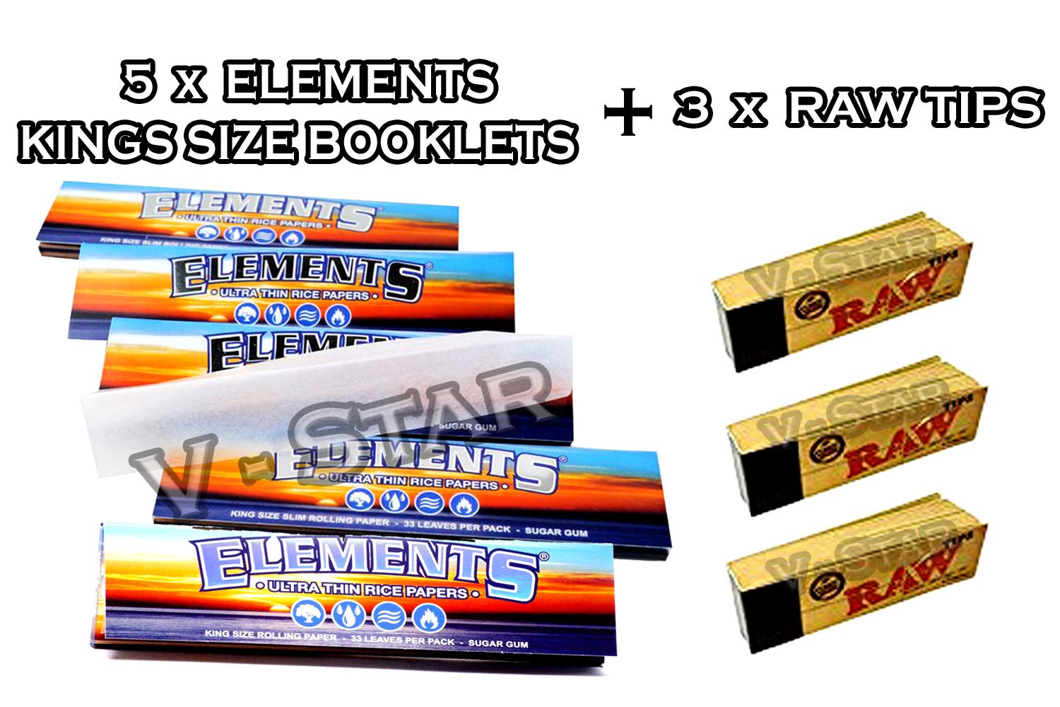 5 x ELEMENTS KING SIZE SLIM ULTRA THIN RICE ROLLING RIZLA PAPERS + 3 x RAW ROACHES TIPS