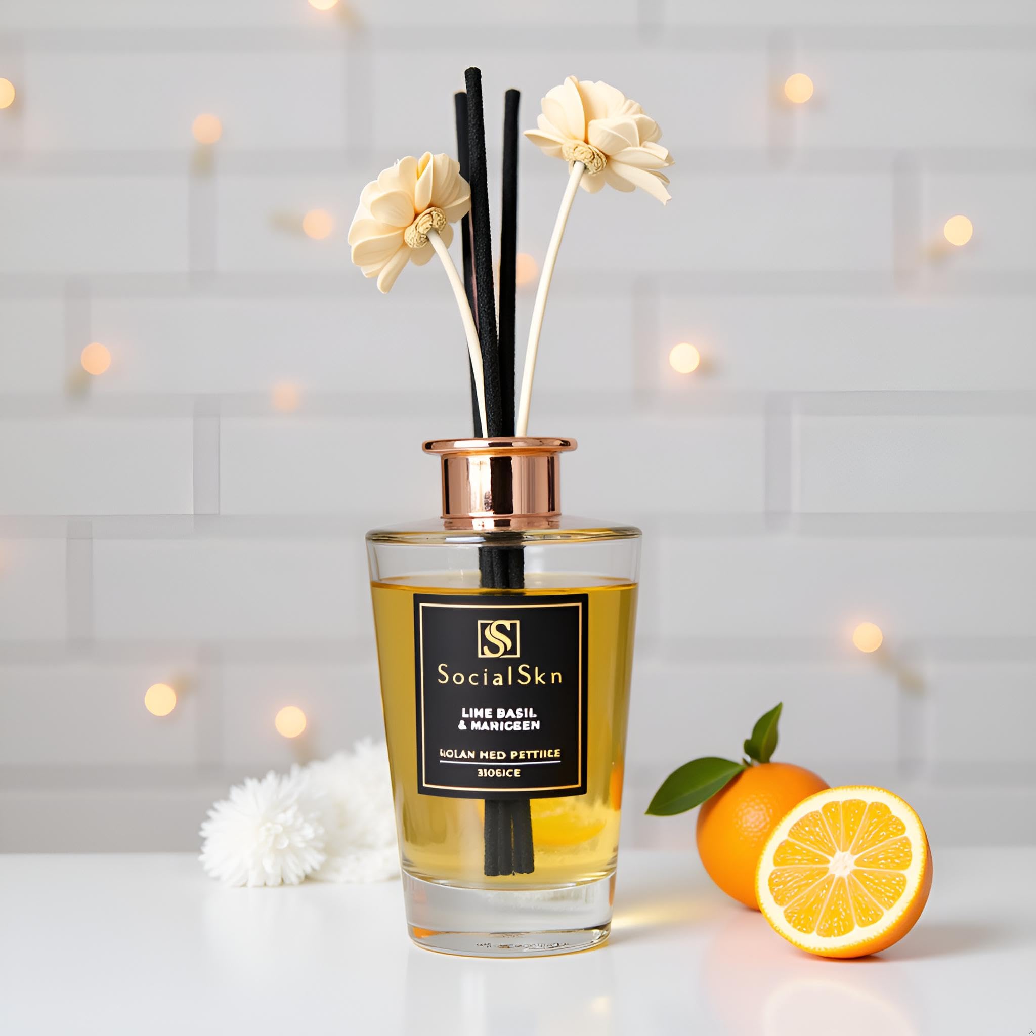 Reed Diffuser | 200ml | Lime Basil & Mandarin | Reed Diffuser for Home | Premium Scented Oil with 8 Reeds & 2 Decorative Flowers | Long Last
