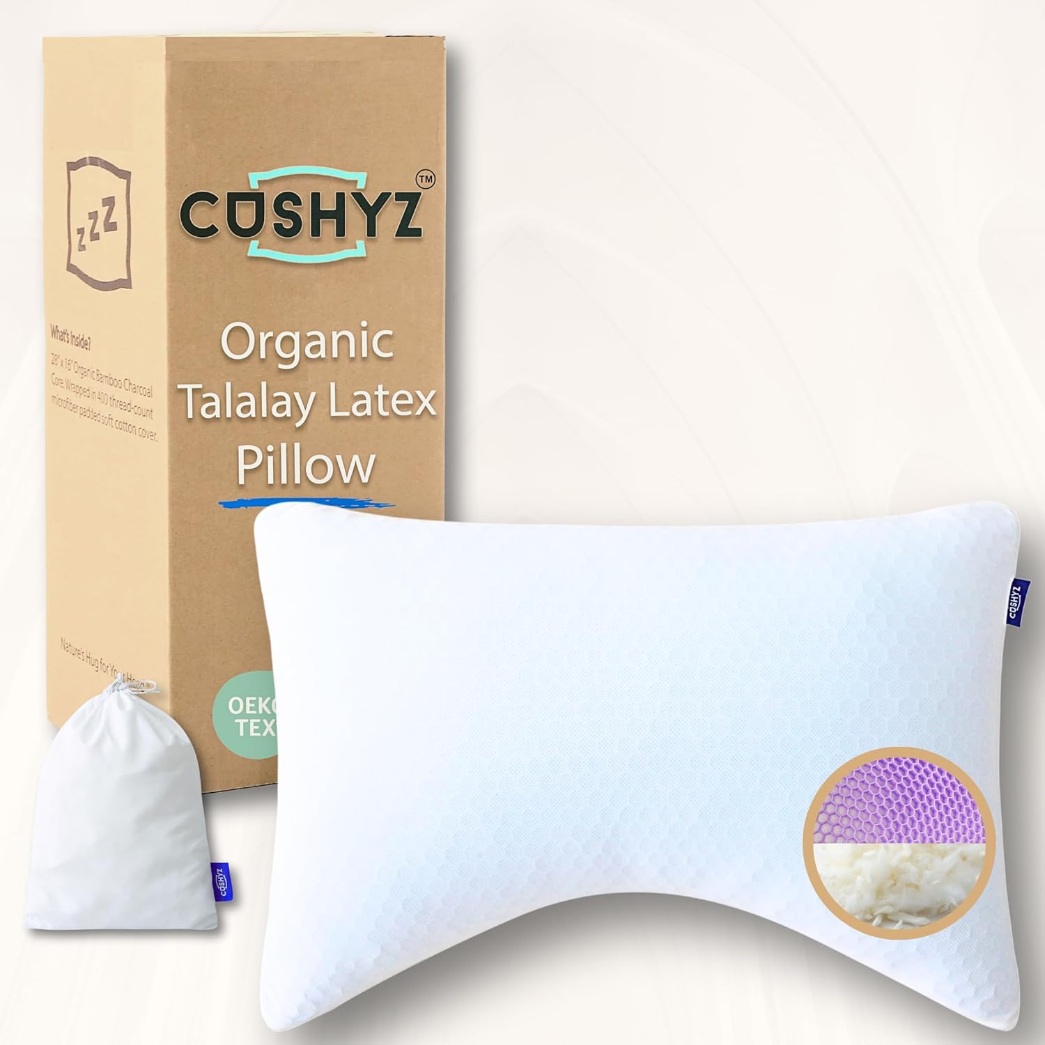 Premium Organic Talalay Latex Pillow – 28x20″ Curved Design with Cooling 3D Honeycomb Cover, Ergonomic Neck & Shoulder Support, Adjustable Loft for Side, Back & Stomach Sleepers