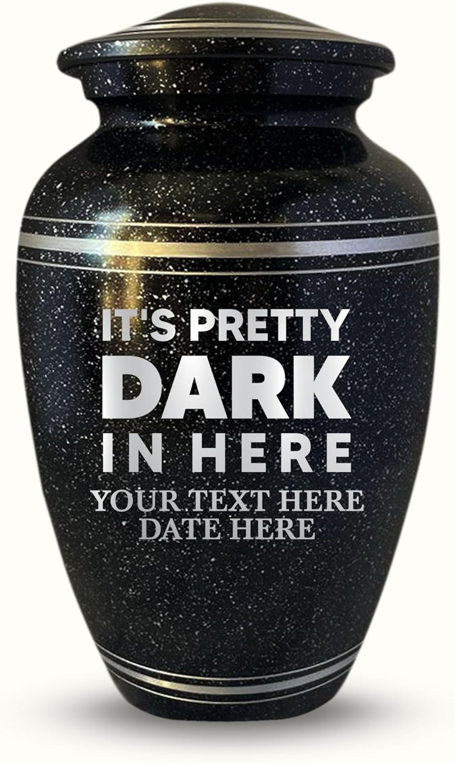 Personalized Human Cremation Urn For Adult Ashes Men & Women- Engraved Aluminum Urn with Name & Comedic humorous It's Pretty Dark in Here Design - Urn for Human Remains | Black with Silver Rim