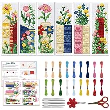 ACRNIGHEET 6PCS Cross Stitch Bookmark Kit for Beginner Stamped Cross Stitch Kits for Adults Book & Flowers DIY Embroidery Bookmark Kits Needlepoint Kit with Instructions Craft Gift 8.5x3 11CT