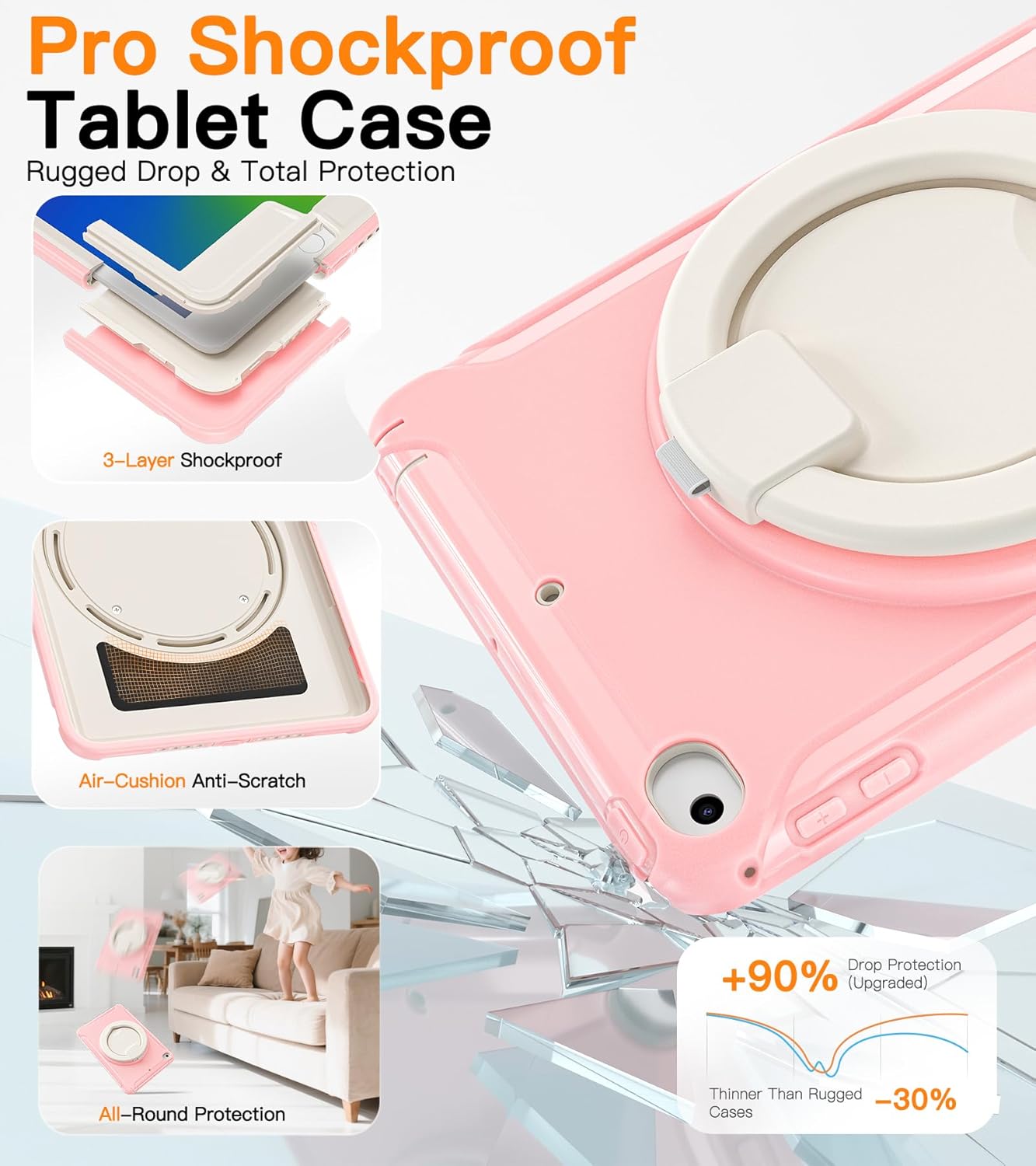 BATYUE Shockproof Case for iPad mini 4/5 (2015/2019) - 360° Multi-Angle Stand (Portrait & Landscape) & Grip, Pencil Holder (Elastic Loop), Multi-Scene for All Ages, Pink