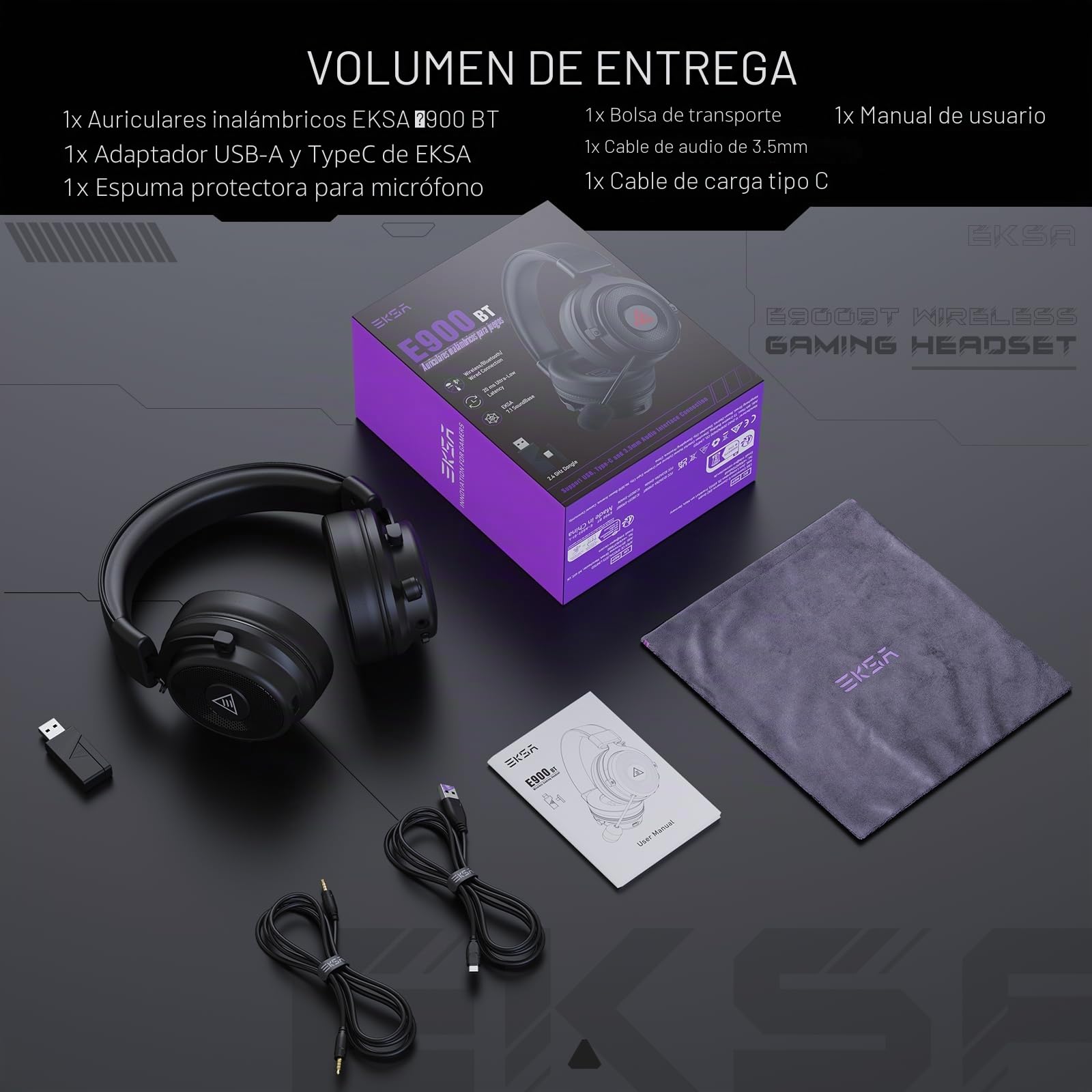 EKSA E900BT Auriculares Gaming Inalámbricos BT de 2,4 GHz, Interfaz Type-C y USB, 50 Horas de Duración de la Batería, Auriculares con Micrófono con Cancelación de Ruido para PC/PS4/PS5/Mac