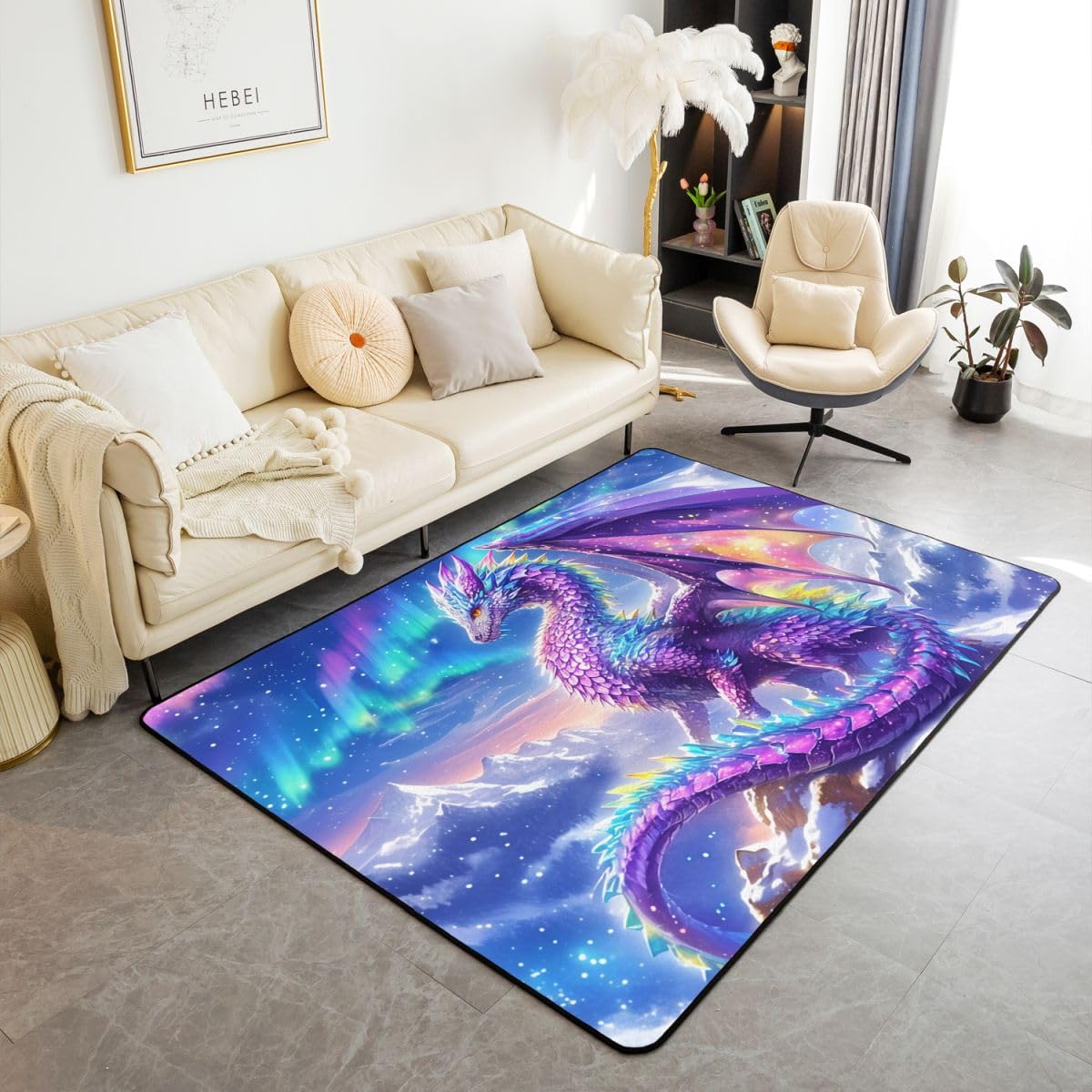 Lila Drache Wohnzimmer Teppich 100x150cm Märchen westliches Tier Thema Schlafzimmerbereich Teppich für Kinder Teens Himmel Sternenberge Indoor Matte Heimdekor