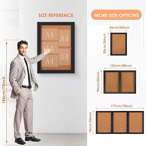 Miniatura 3 de Tablón de anuncios cerrado para exteriores con puerta de bloqueo, resistente a la intemperie, corcho, marco de aluminio negro, 48 x 34 pulgadas