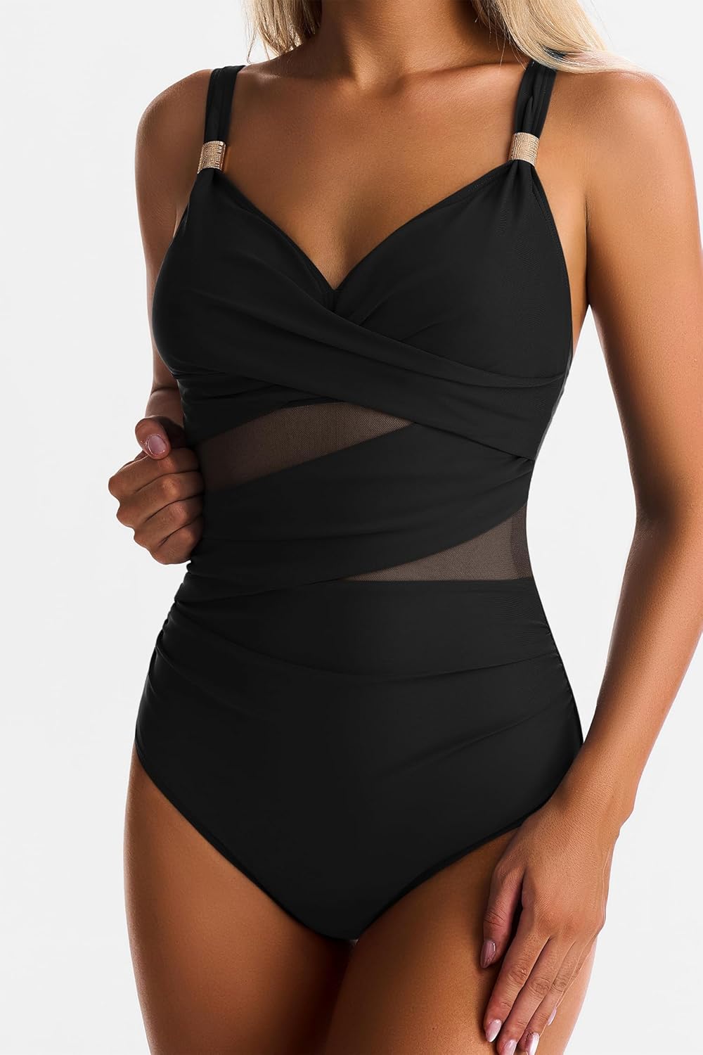 Women Mesh One Piece Swimsuit Tummy Control Sexy Bathing Suits V Neck Push Up Swimsuits Slimming Swimwear - Image 2