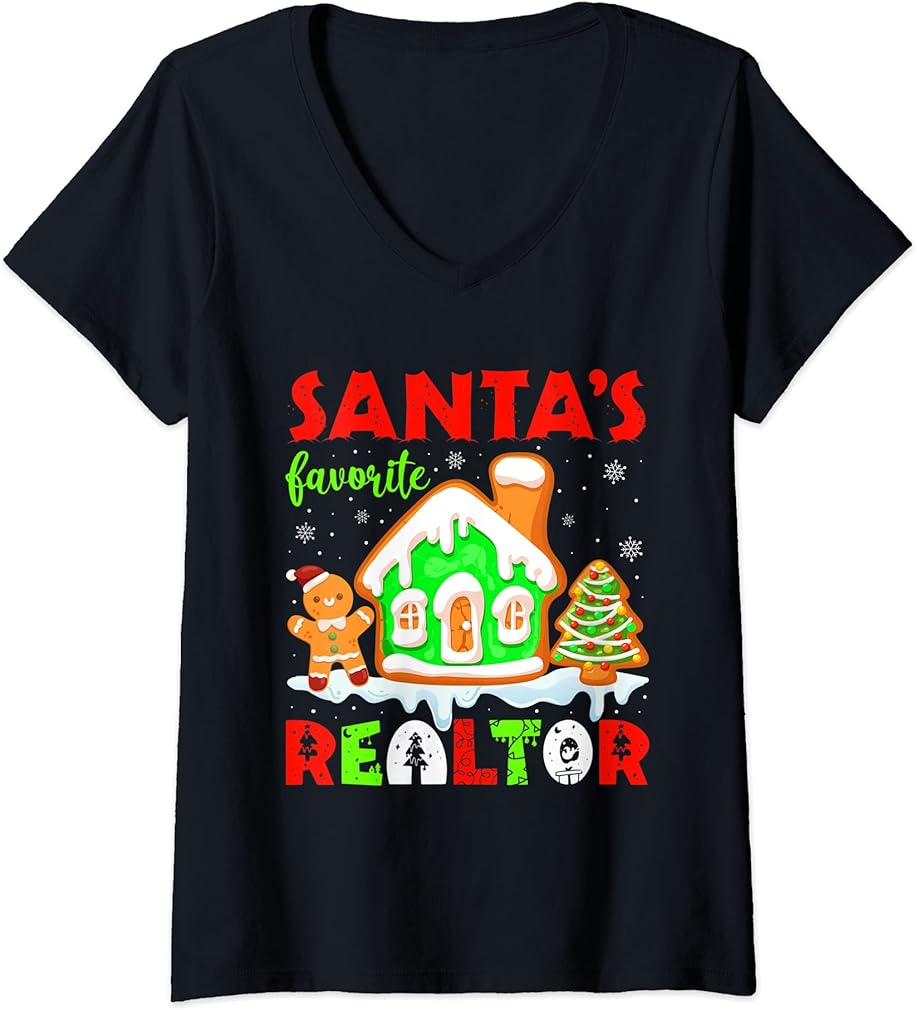 Womens Santa's Xmas Favorite Realtor Funny Christmas Gingerbread V-Neck T-Shirt