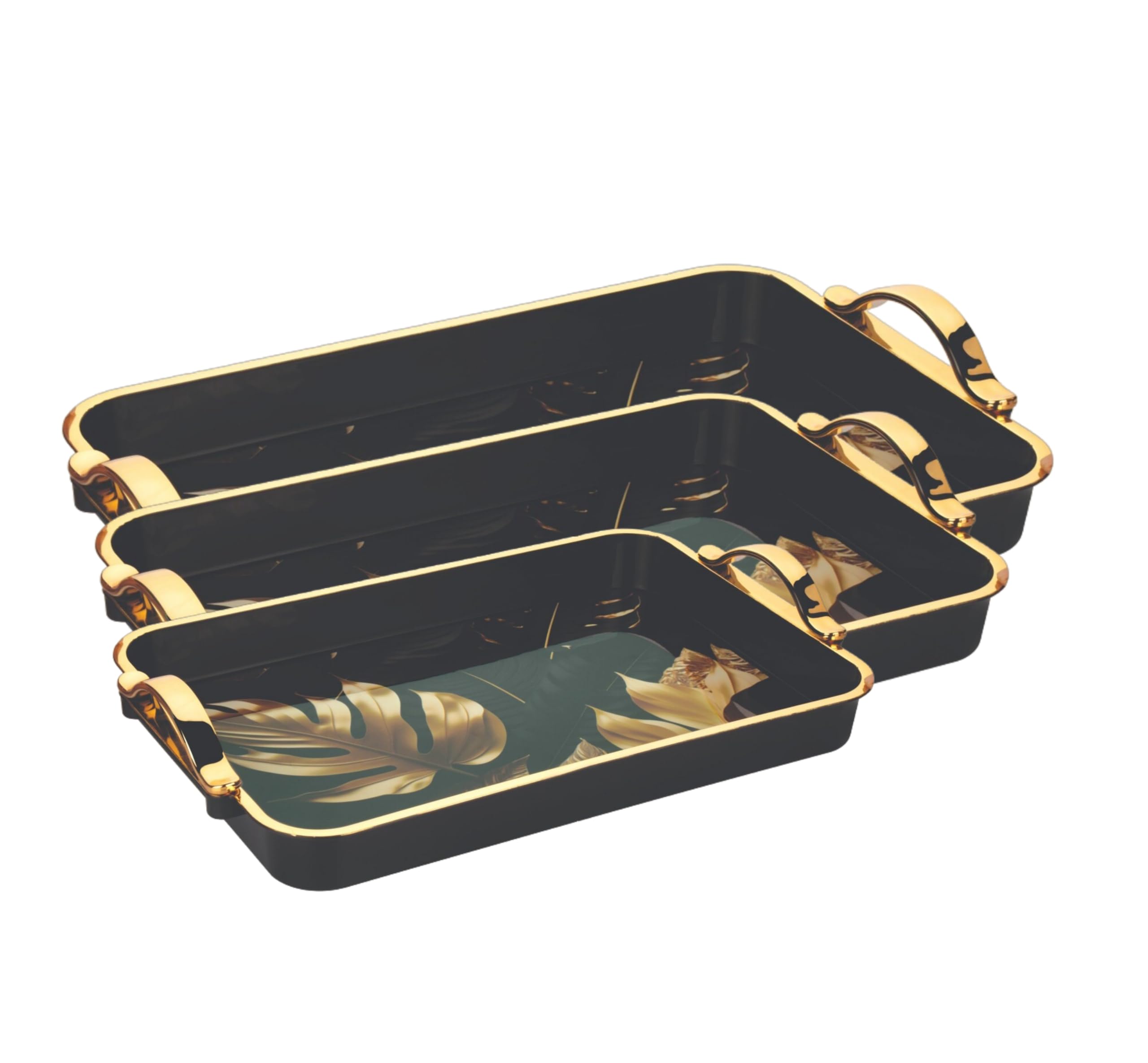 FABLE Flower Printed Serving Tray Set Plastic Material BPA Free Tray with Handle for Tea,Coffee,Snack,Kitchen & Dining Table Home Décor (Pack of 3) (Black)