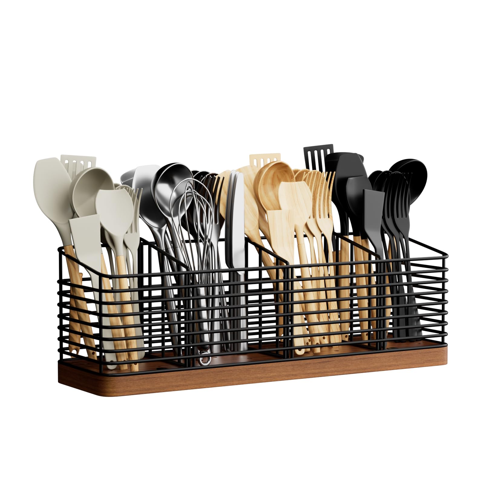 Photo 1 of BZBRLZ Large Utensil Holder for Kitchen Counter with 4 Compartments, Matte Black Metal Holder with Wooden Base Cooking Utensil Organizer for Spatula Utensil Crock Caddy