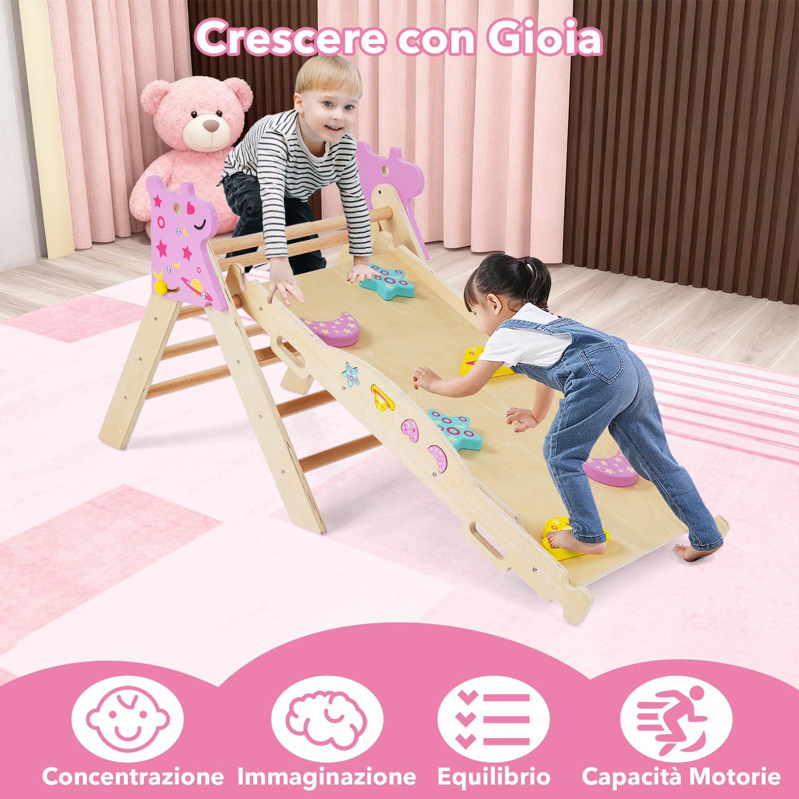 RELAX4LIFE Set da Arrampicata per Bambini, Triangolo di Arrampicata con Scivolo e Arco, Gioco di Incastri in Legno, Gioco Montessori per Bambini 1+ Anni