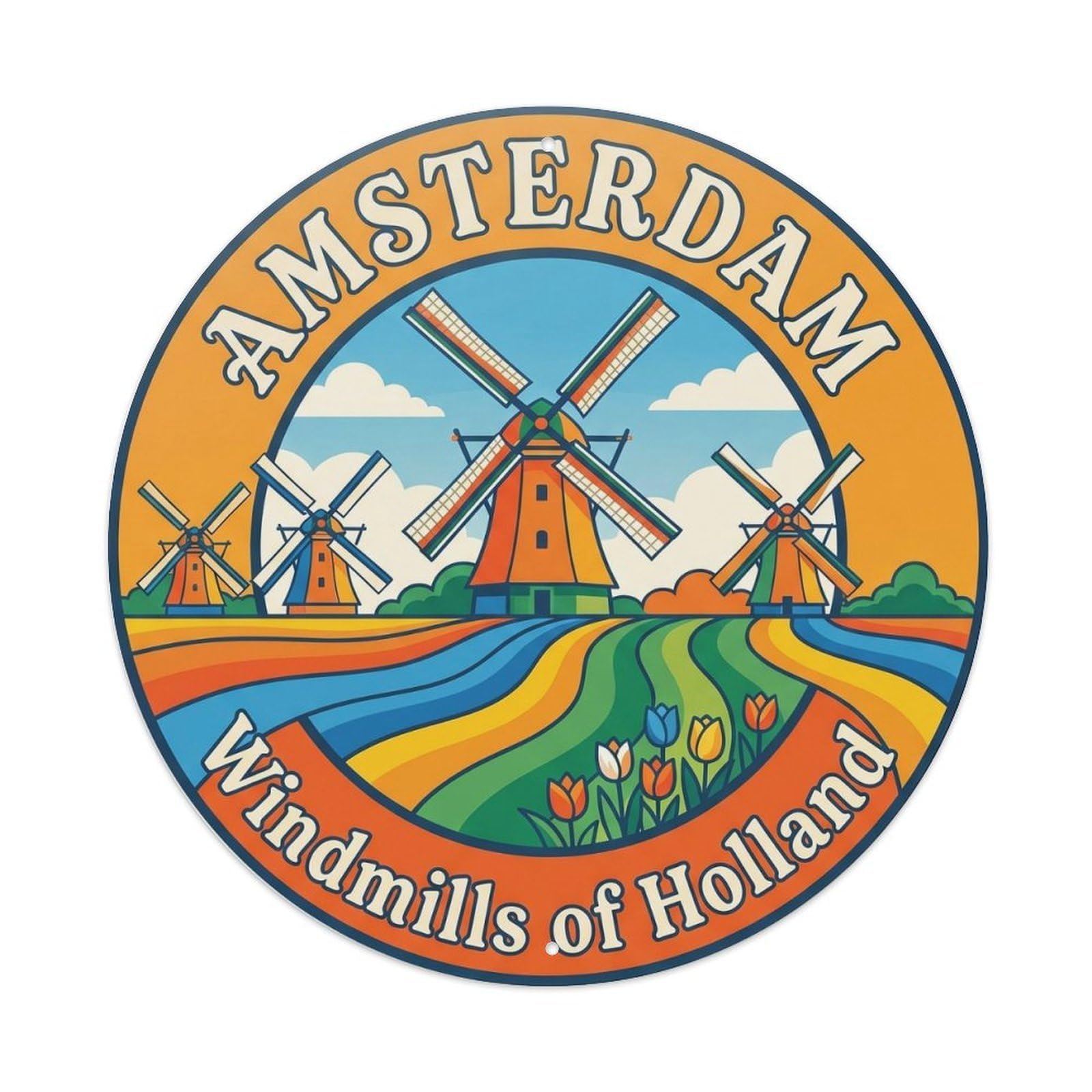 Vintage Travel Amsterdam Windmills Holland Metal Tin Sign Plaque Wall Decor for Cafe, Club Bar, Office, Home Garden Round Metal Poster 8x8Inch