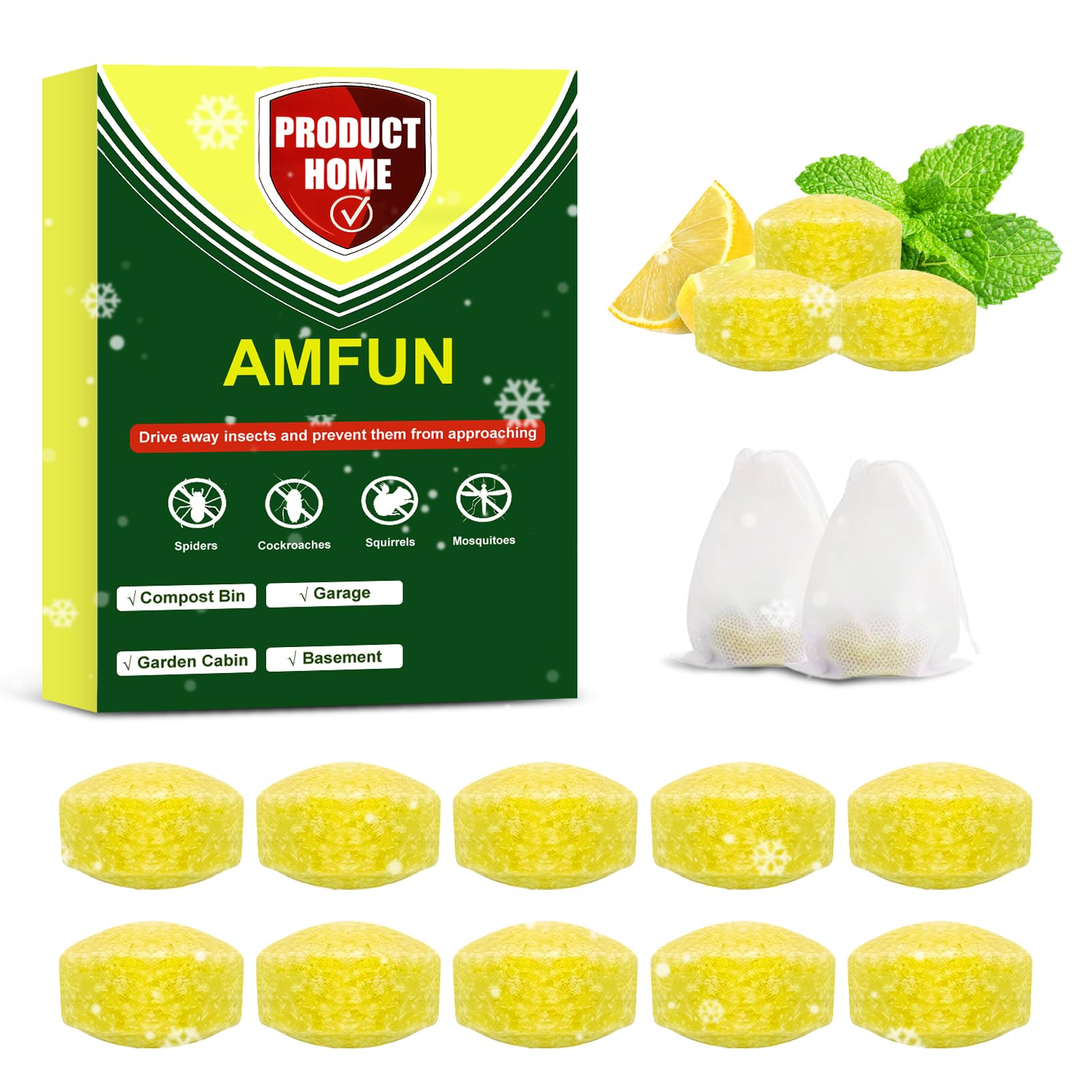 AMFUN 10 Pack Peppermint Oil Insect Repellent Pellets for Indoor & Outdoor, Safe and Non-Toxic, Long Lasting Protection for Home, Garage, Attic