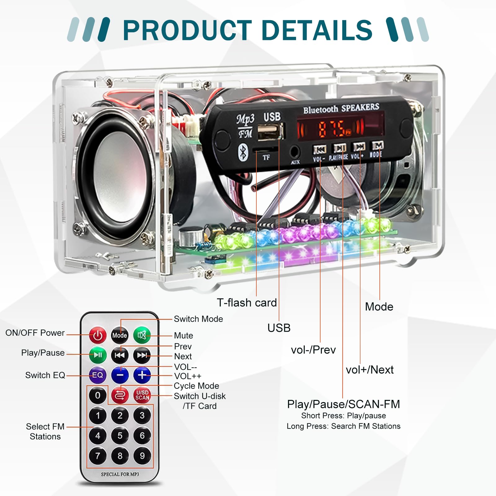 Kit di pratica di saldatura, kit radio FM, kit di altoparlanti Bluetooth fai da te, kit di progetti elettronici per adulti, mini kit amplificatore audio domestico con display digitale (trasparente)