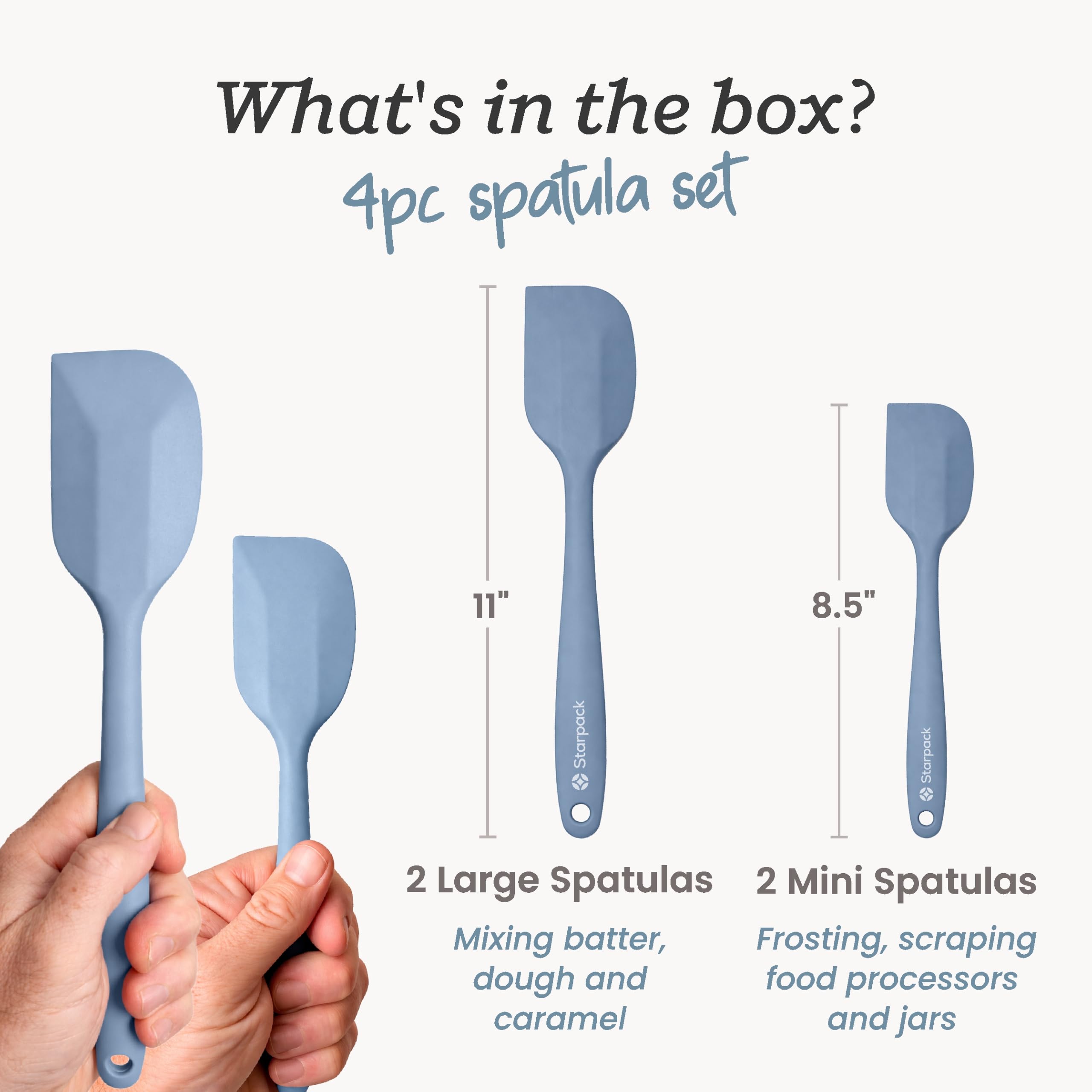 StarPack - Juego de 4 espátulas de silicona de alta calidad (2 pequeñas, 2 grandes), resistentes al calor hasta 315.6 °C, diseño higiénico de una pieza, juego de utensilios de cocina de goma
