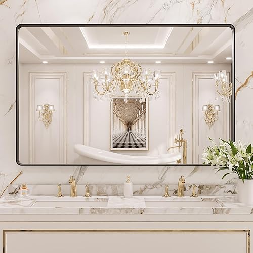 Miniatura 442 de LOAAO - Espejo de tocador para baño con marco de metal negro mate de 24 x 32 pulgadas para pared, rústico, rectangular, grande, redondeado