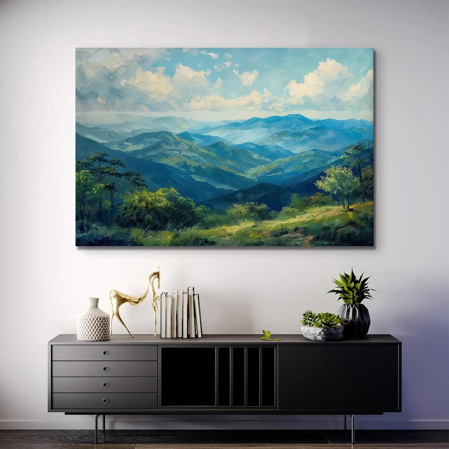 Blue Ridge Mountains Painting of North Carolina Landscape Wall Art, Appalachian Highlands Painting of North Carolina Nature Wall Art (Framed,16×24 inch) 16W''×24L''
